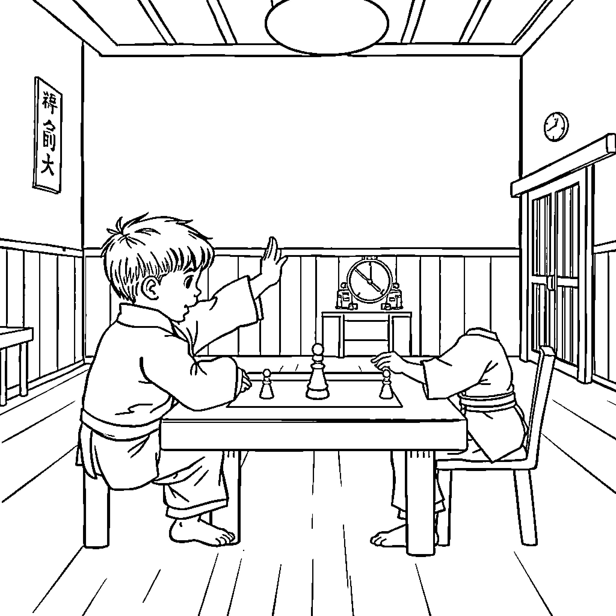 Niño engaged in traditional Japanese board game Coloring Page (free black-and-white line drawing printable PDF for all, from beginners to advanced learners, including children, teens, adults, and seniors)