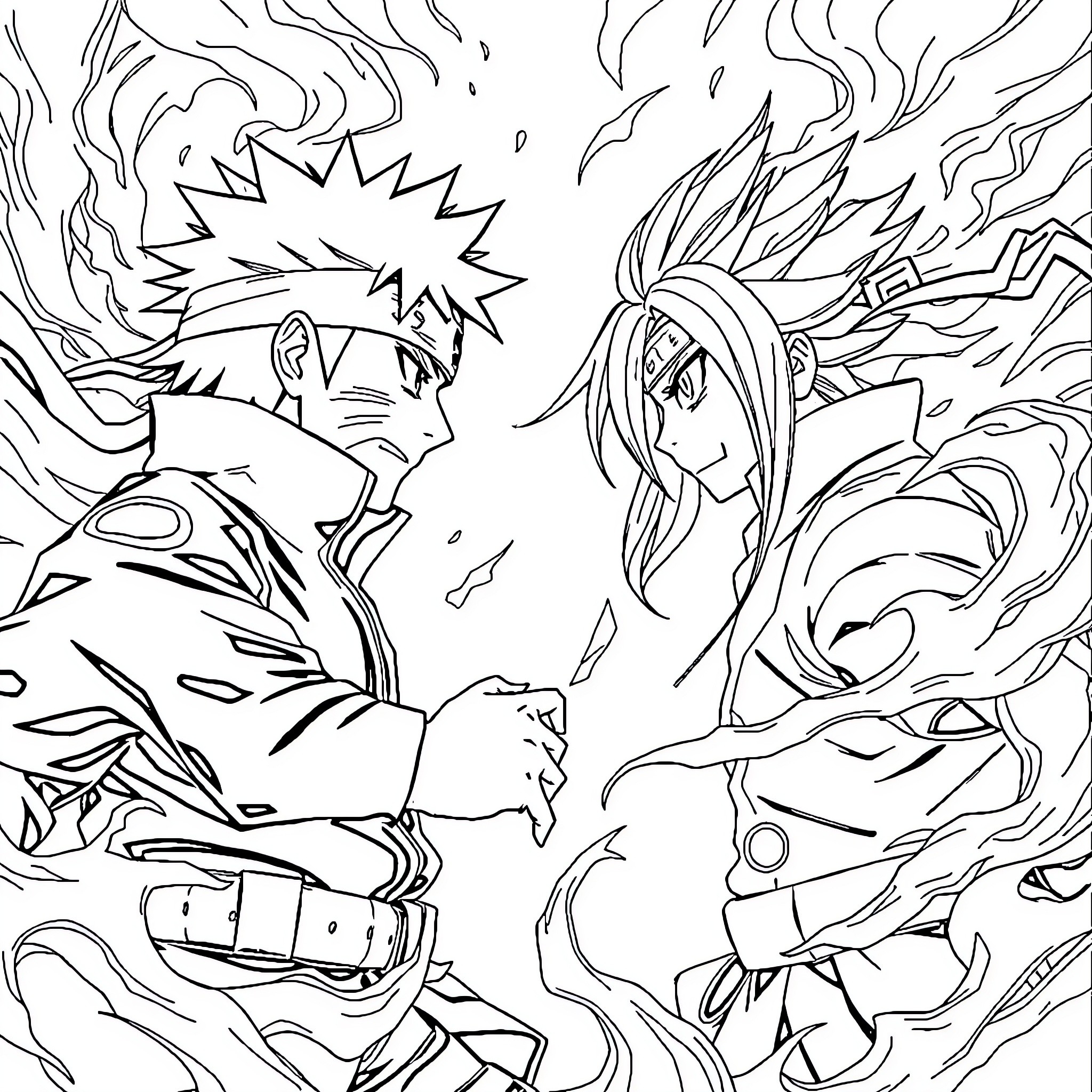 Naruto and Sasuke in Intense Battle Coloring Page (free black-and-white line drawing printable PDF for all, from beginners to advanced learners, including children, teens, adults, and seniors)