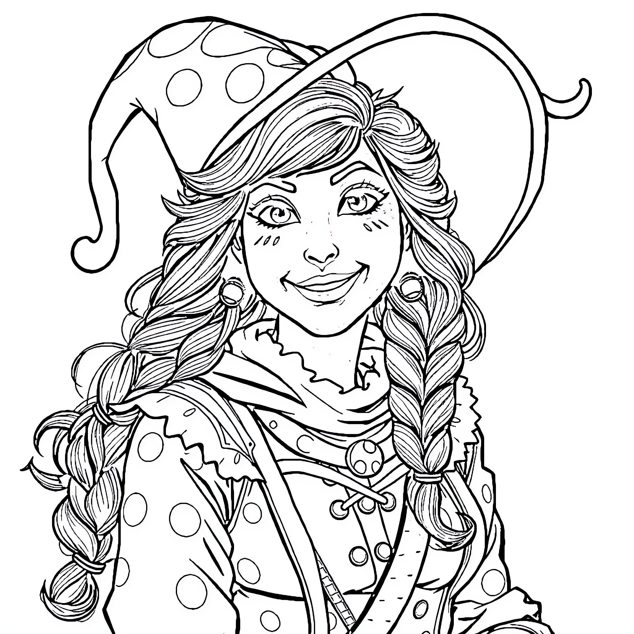 Jester Lavorre in Whimsical Garb and Pose Coloring Page (free black-and-white line drawing printable PDF for all, from beginners to advanced learners, including children, teens, adults, and seniors)