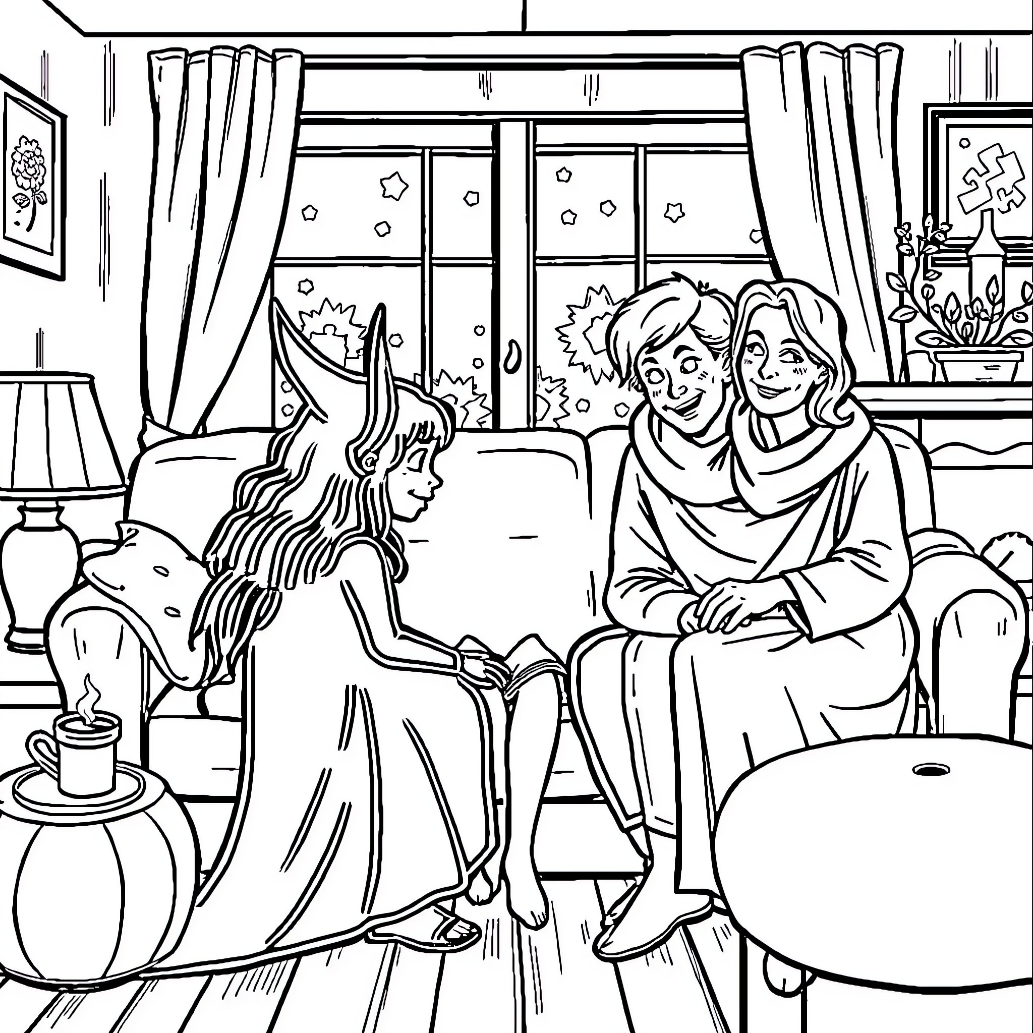 Merlin and the Enchantress Converse in Cozy Abode Coloring Page (free black-and-white line drawing printable PDF for all, from beginners to advanced learners, including children, teens, adults, and seniors)