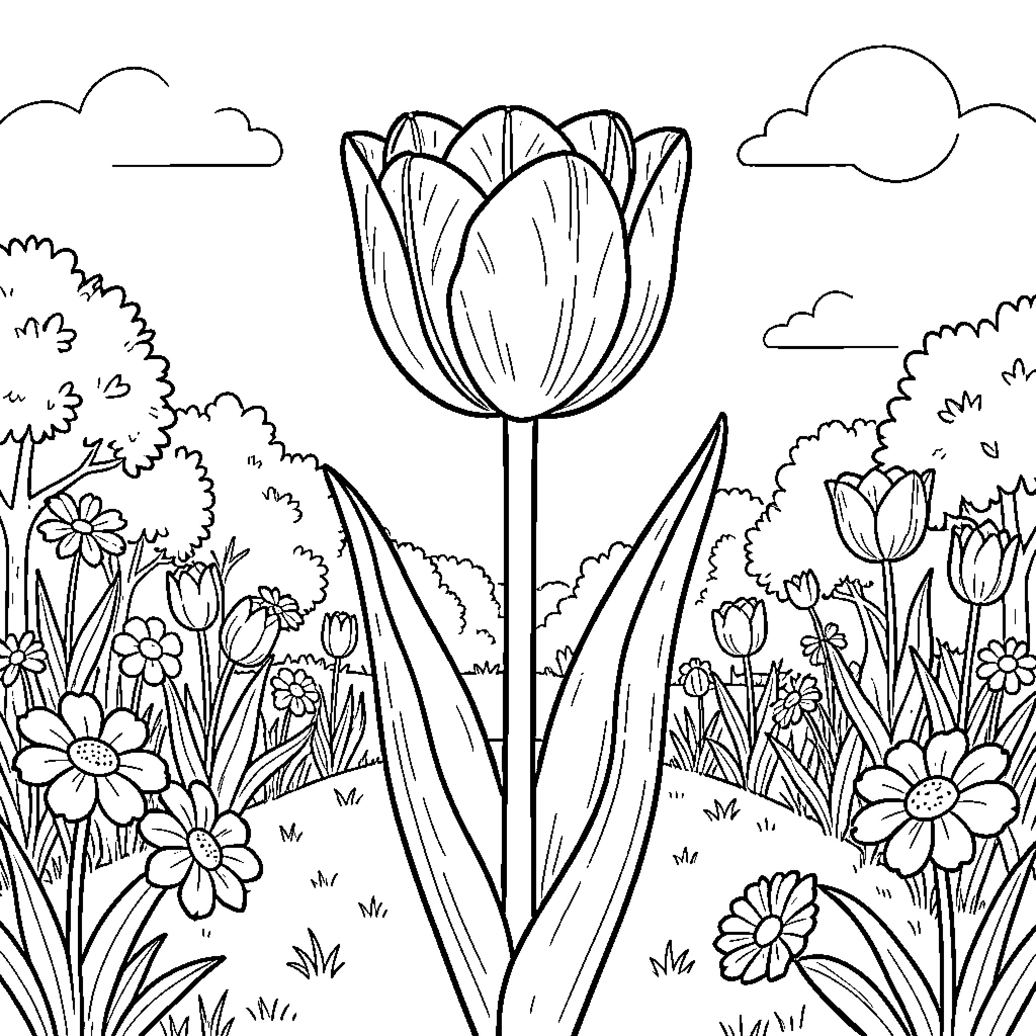 Tulip amidst a vibrant garden scene Coloring Page (free black-and-white line drawing printable PDF for all, from beginners to advanced learners, including children, teens, adults, and seniors)