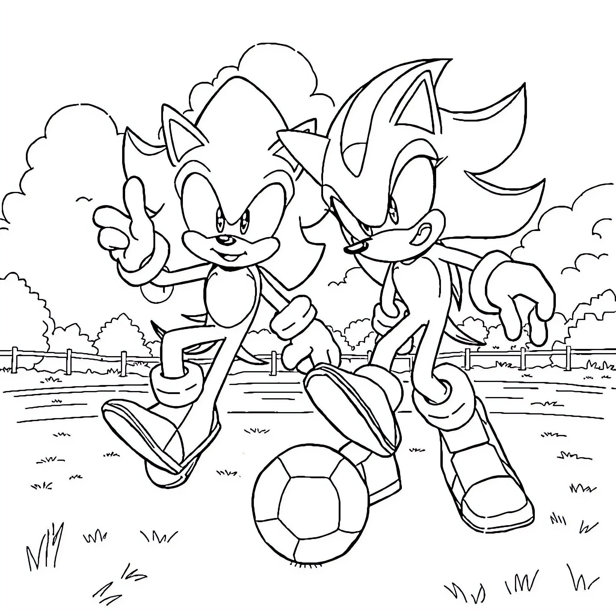 Sonic and friends playing soccer in the park Coloring Page (free black-and-white line drawing printable PDF for all, from beginners to advanced learners, including children, teens, adults, and seniors)