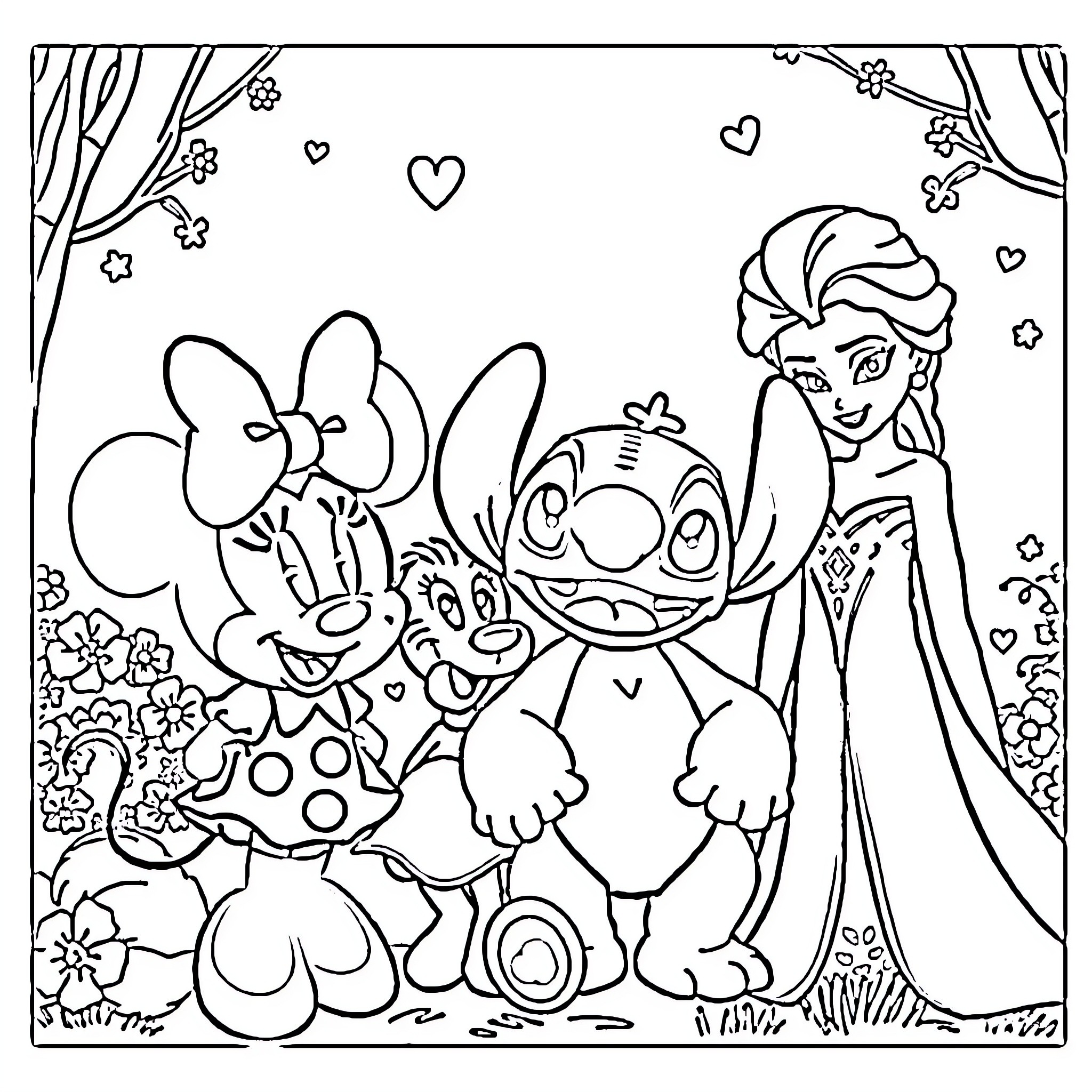 Gumball characters in a whimsical scene Coloring Page (free black-and-white line drawing printable PDF for all, from beginners to advanced learners, including children, teens, adults, and seniors)