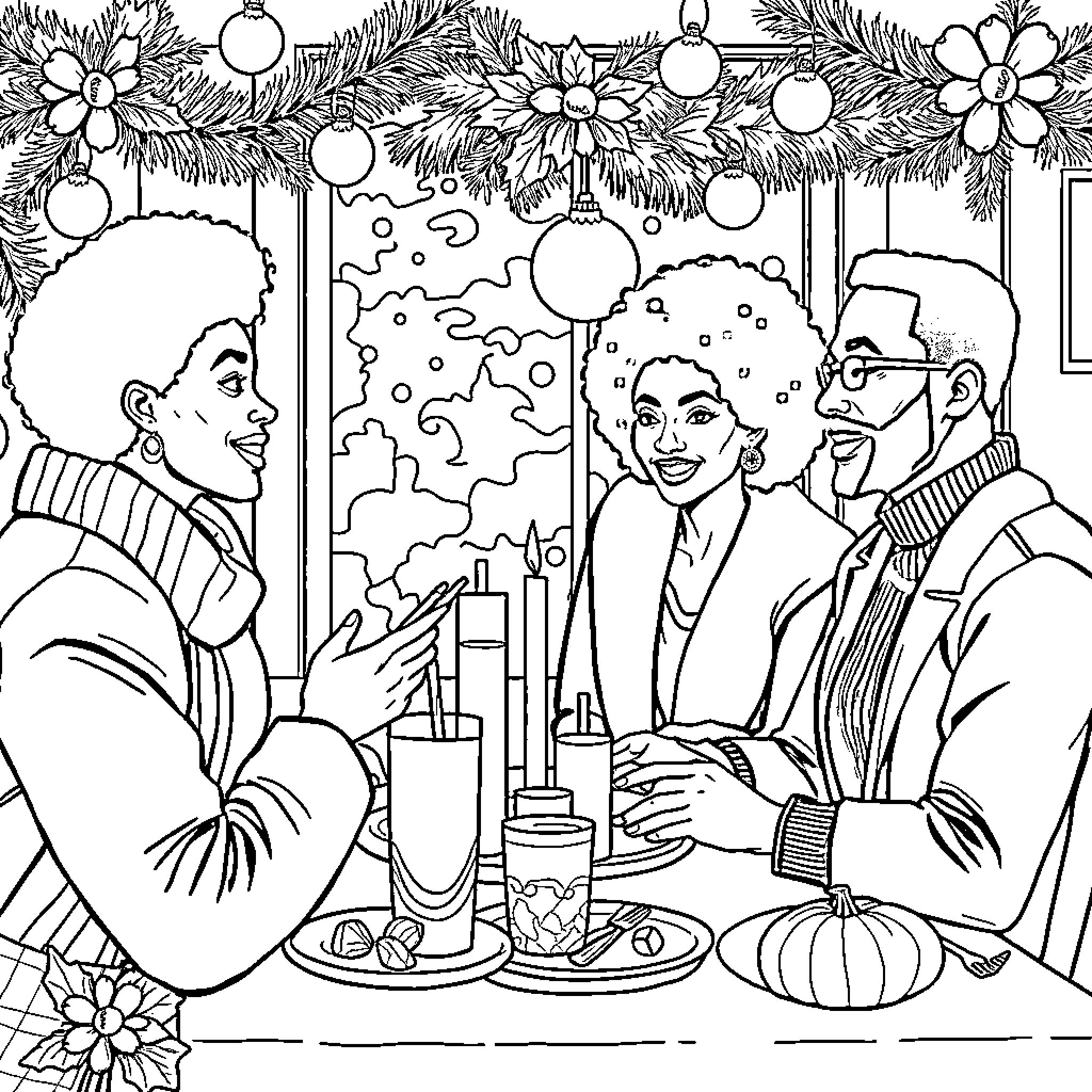 Black Woman Celebrating Festive Gathering with Loved Ones Coloring Page (free black-and-white line drawing printable PDF for all, from beginners to advanced learners, including children, teens, adults, and seniors)