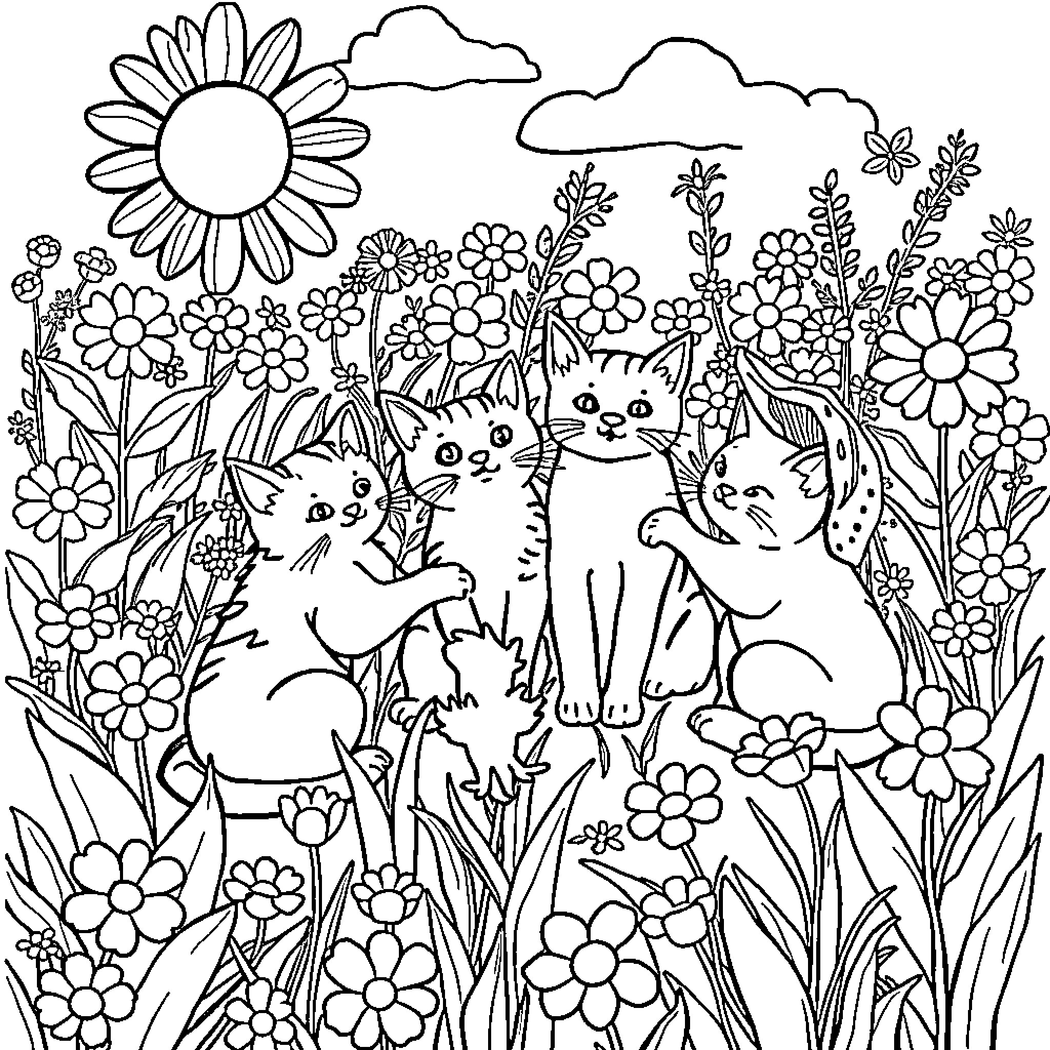 Cat and Kitten Floral Garden Scene Coloring Page (free black-and-white line drawing printable PDF for all, from beginners to advanced learners, including children, teens, adults, and seniors)