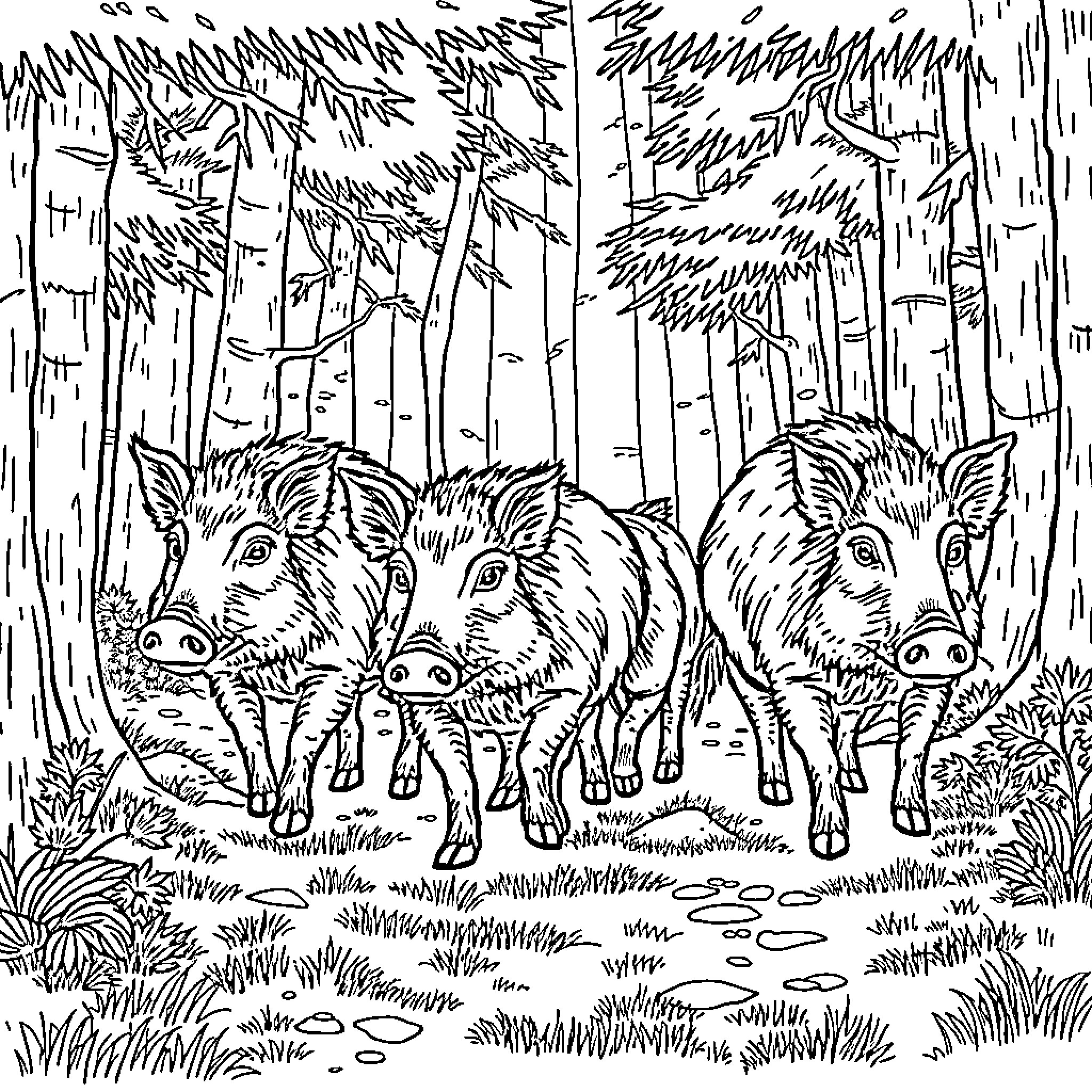 Boar Pack Roaming Through the Wilderness Coloring Page (free black-and-white line drawing printable PDF for all, from beginners to advanced learners, including children, teens, adults, and seniors)