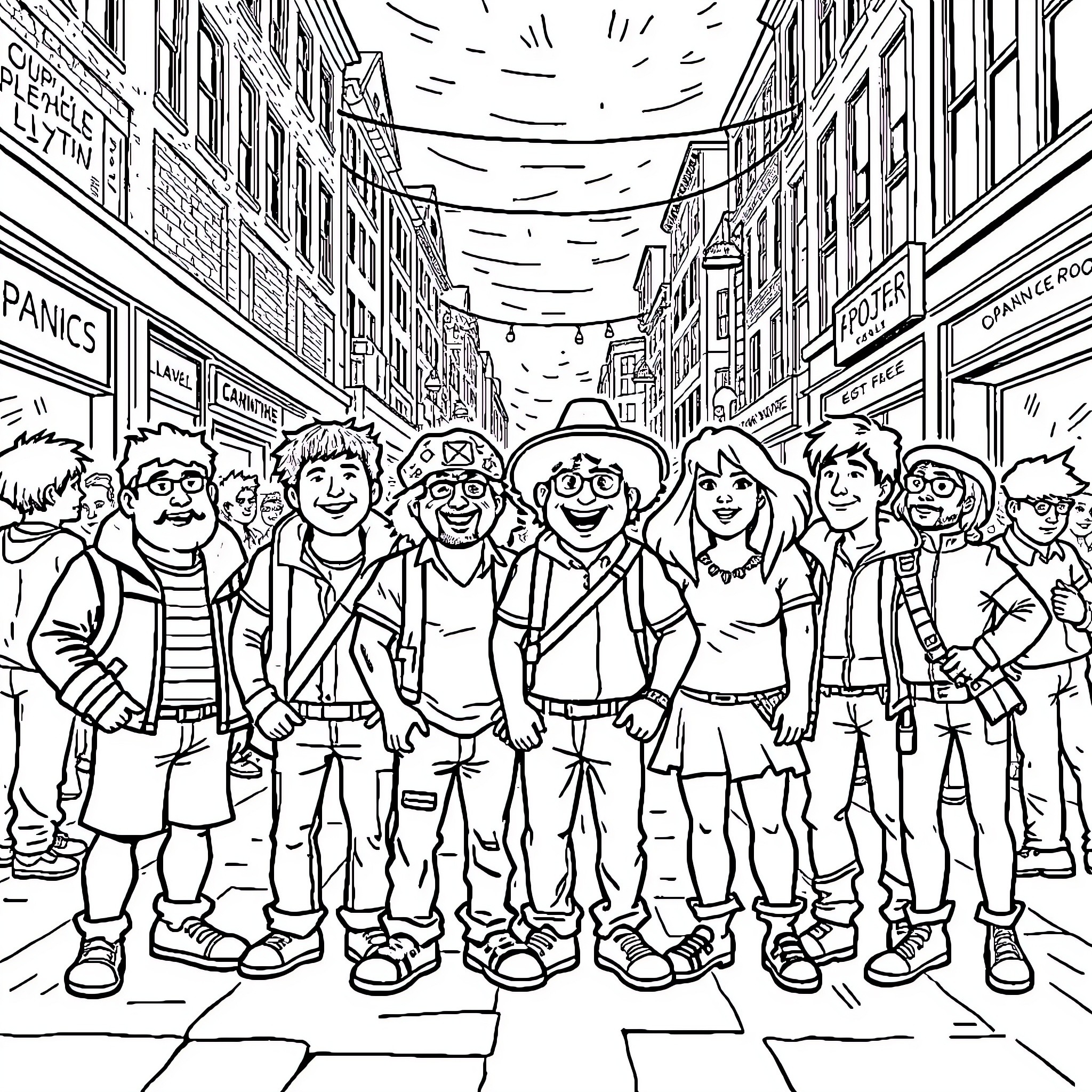 Character group of friends exploring city streets Coloring Page (free black-and-white line drawing printable PDF for all, from beginners to advanced learners, including children, teens, adults, and seniors)