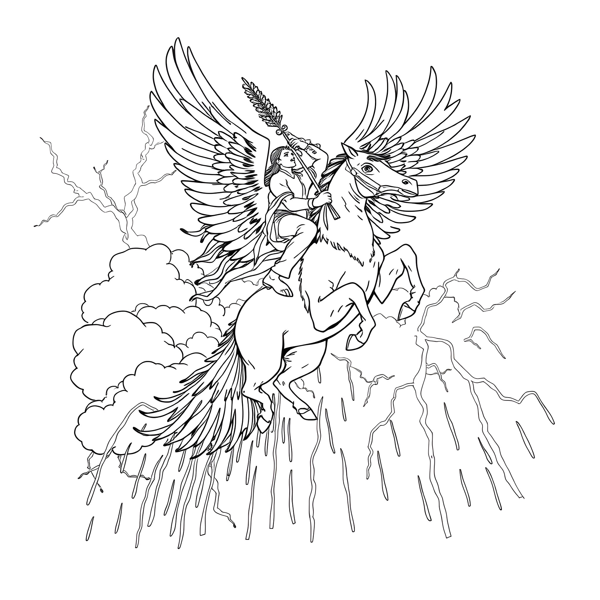 Spirit of the Winged Unicorn Coloring Page (free black-and-white line drawing printable PDF for all, from beginners to advanced learners, including children, teens, adults, and seniors)