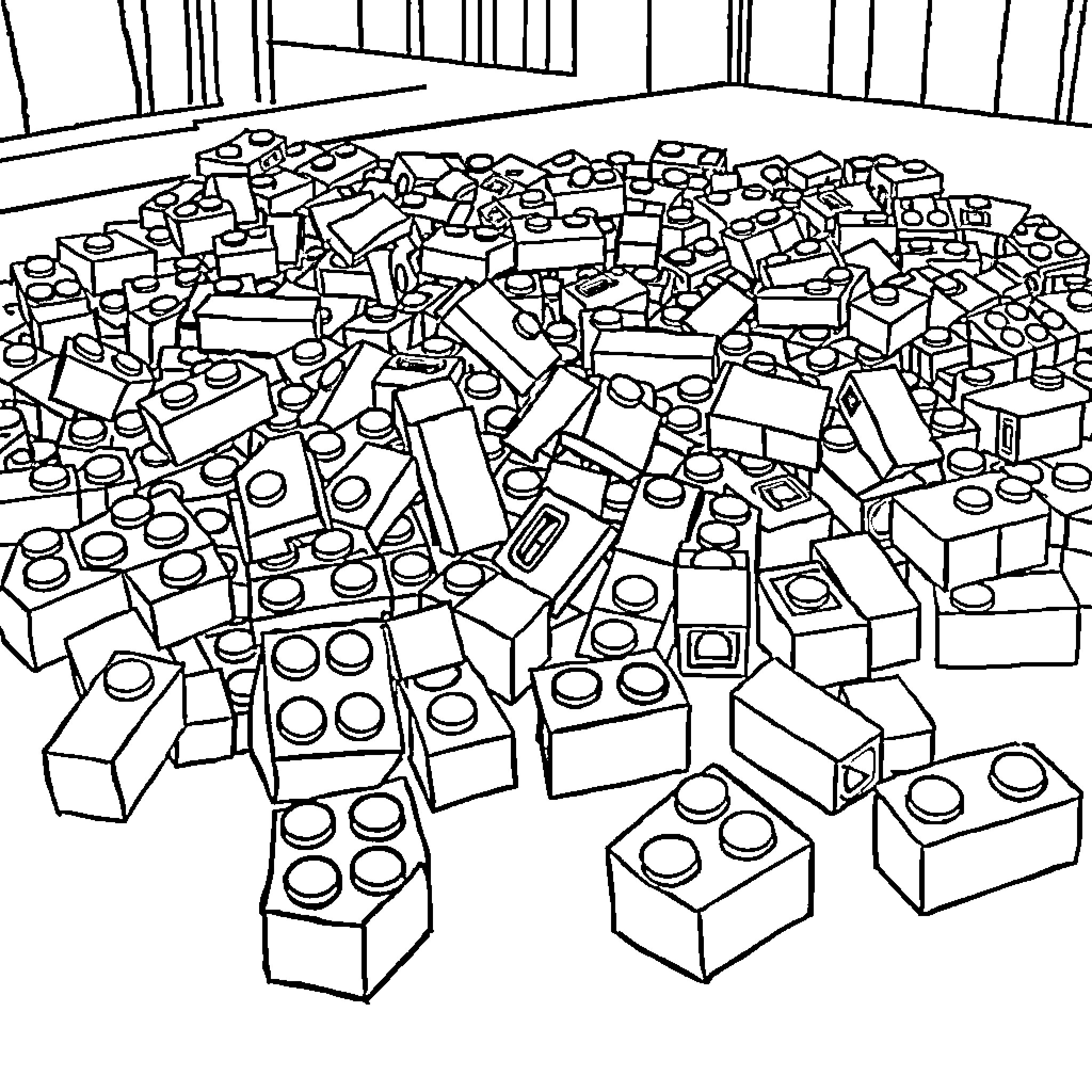 Lego bricks scattered in a room Coloring Page (free black-and-white line drawing printable PDF for all, from beginners to advanced learners, including children, teens, adults, and seniors)
