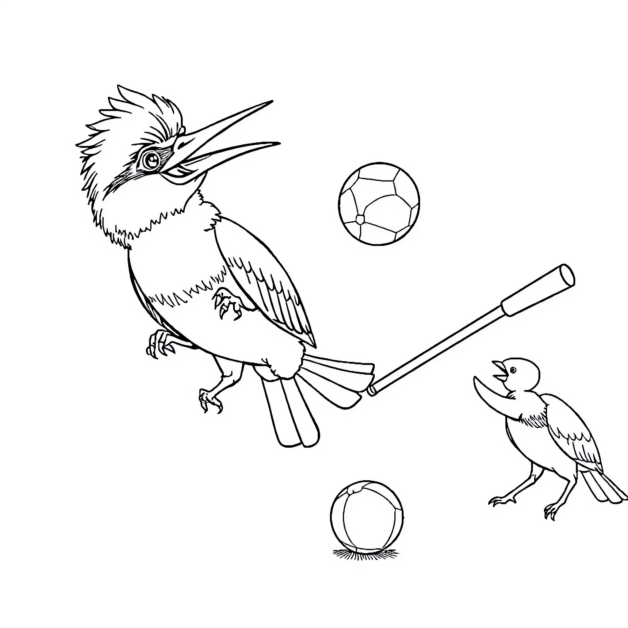 Kookaburra playing with ball and chick Coloring Page (free black-and-white line drawing printable PDF for all, from beginners to advanced learners, including children, teens, adults, and seniors)