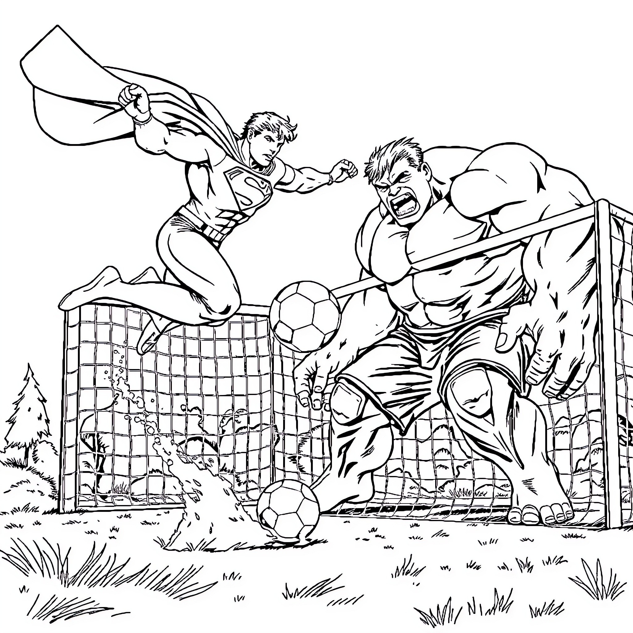 Superman battling powerful opponent in outdoor arena Coloring Page (free black-and-white line drawing printable PDF for all, from beginners to advanced learners, including children, teens, adults, and seniors)