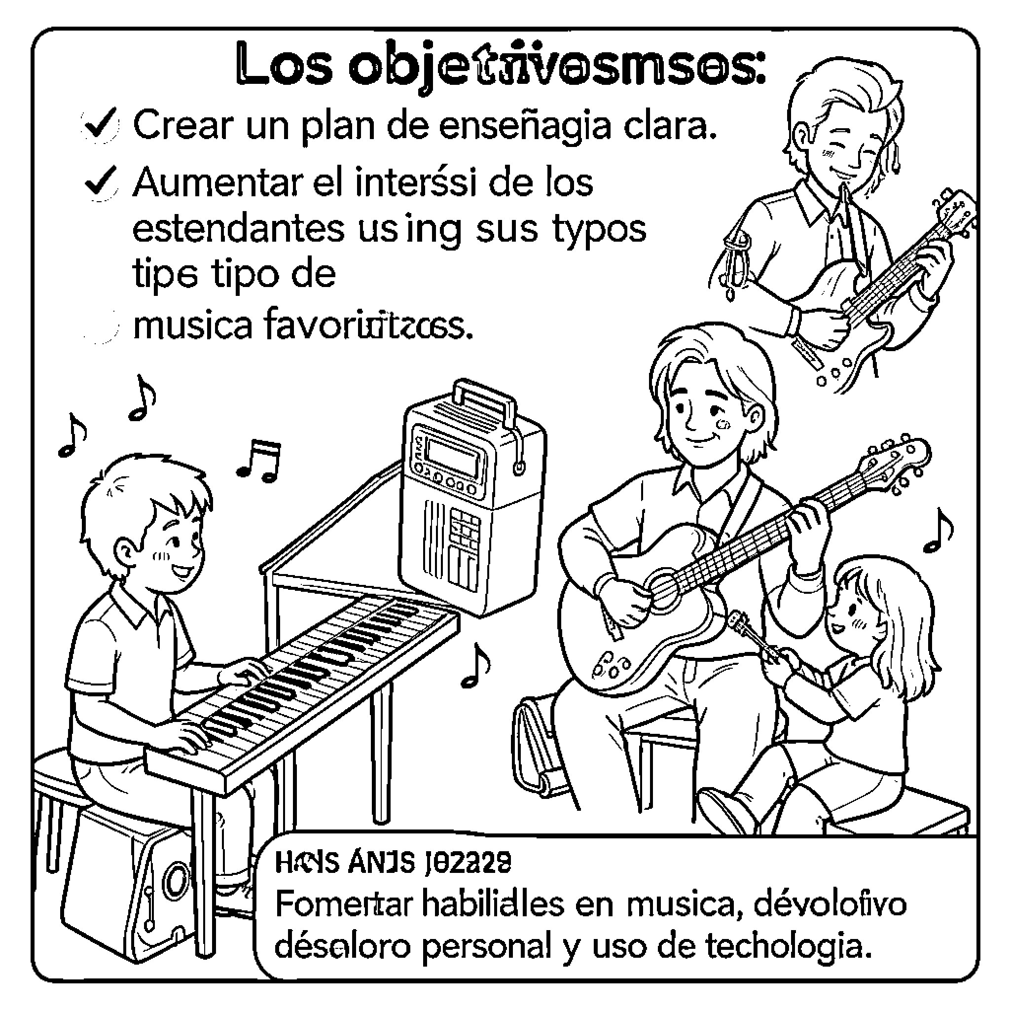 Objetivo: Students performing music with various instruments Coloring Page (free black-and-white line drawing printable PDF for all, from beginners to advanced learners, including children, teens, adults, and seniors)