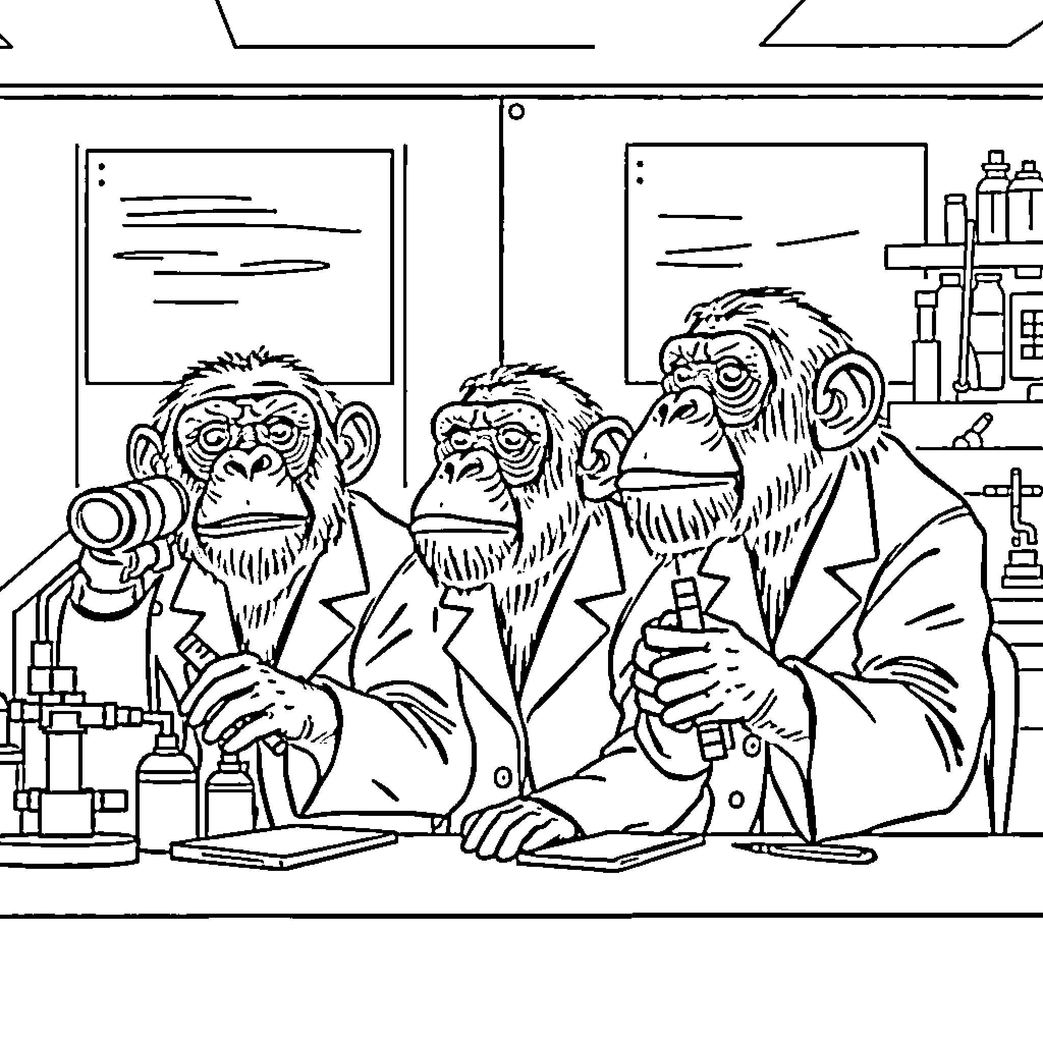 Chimpanzee scientists conducting experiments in a laboratory Coloring Page (free black-and-white line drawing printable PDF for all, from beginners to advanced learners, including children, teens, adults, and seniors)