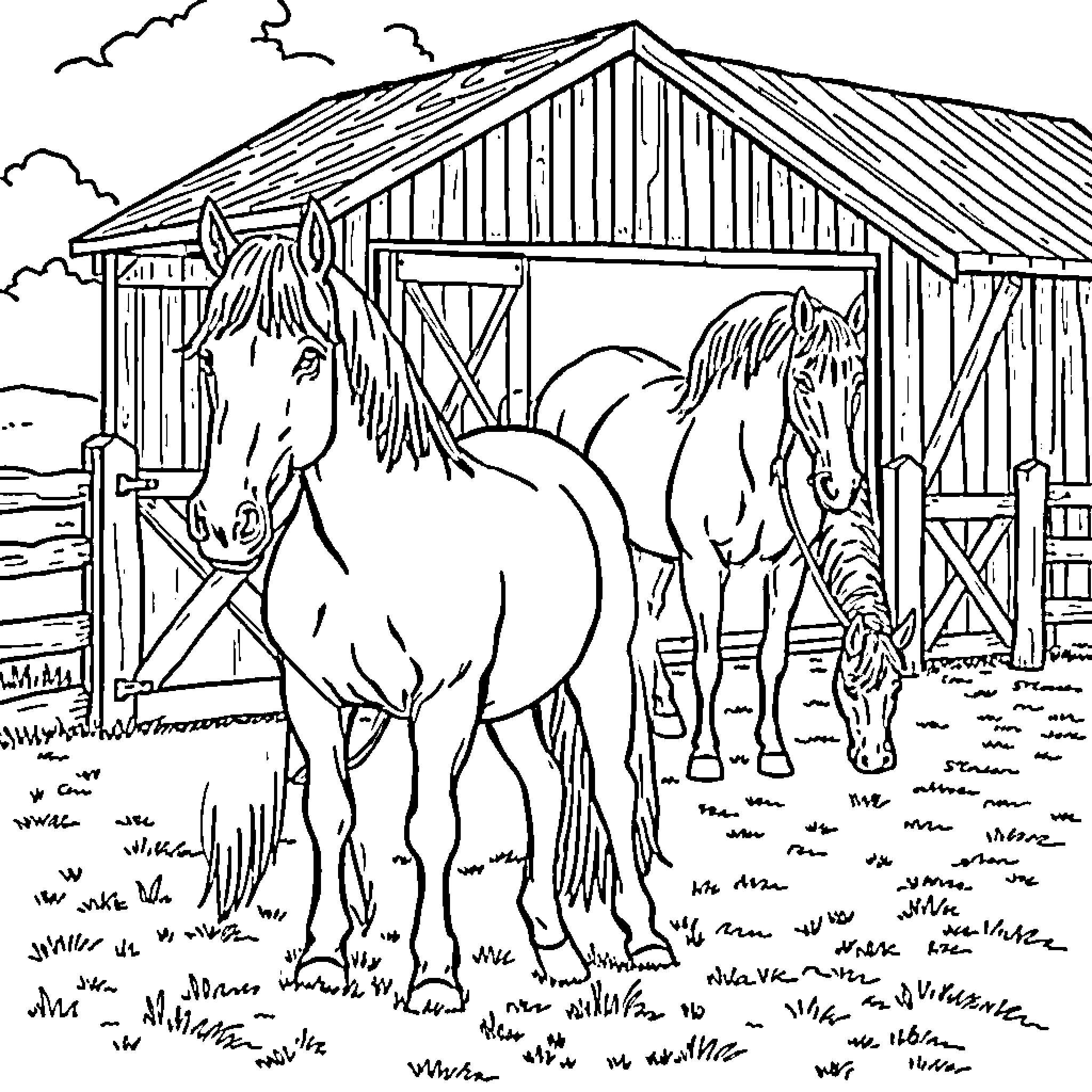 Horse farm with two horses standing outside the barn Coloring Page (free black-and-white line drawing printable PDF for all, from beginners to advanced learners, including children, teens, adults, and seniors)
