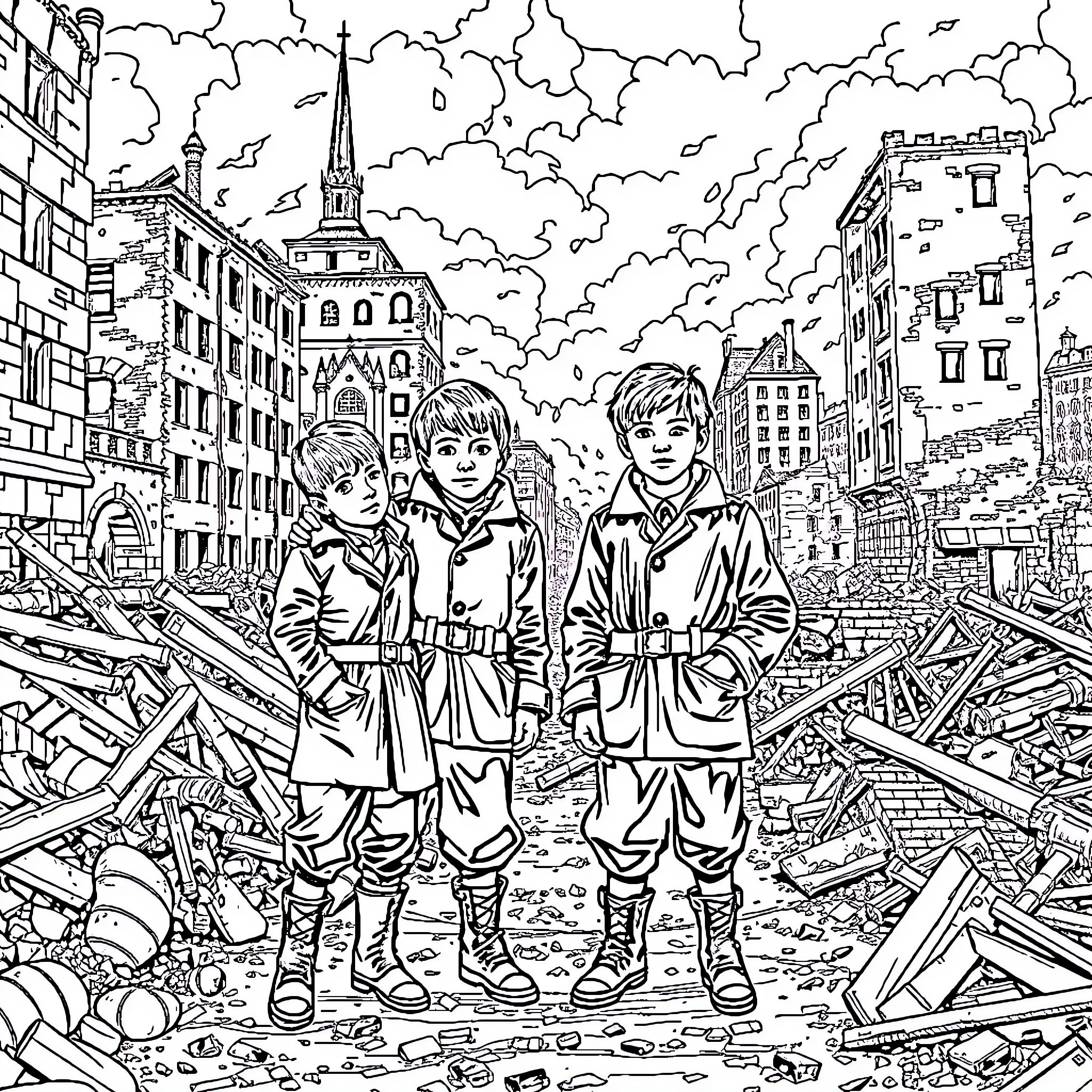 Boy Adventurers Exploring Ruins in the City Coloring Page (free black-and-white line drawing printable PDF for all, from beginners to advanced learners, including children, teens, adults, and seniors)
