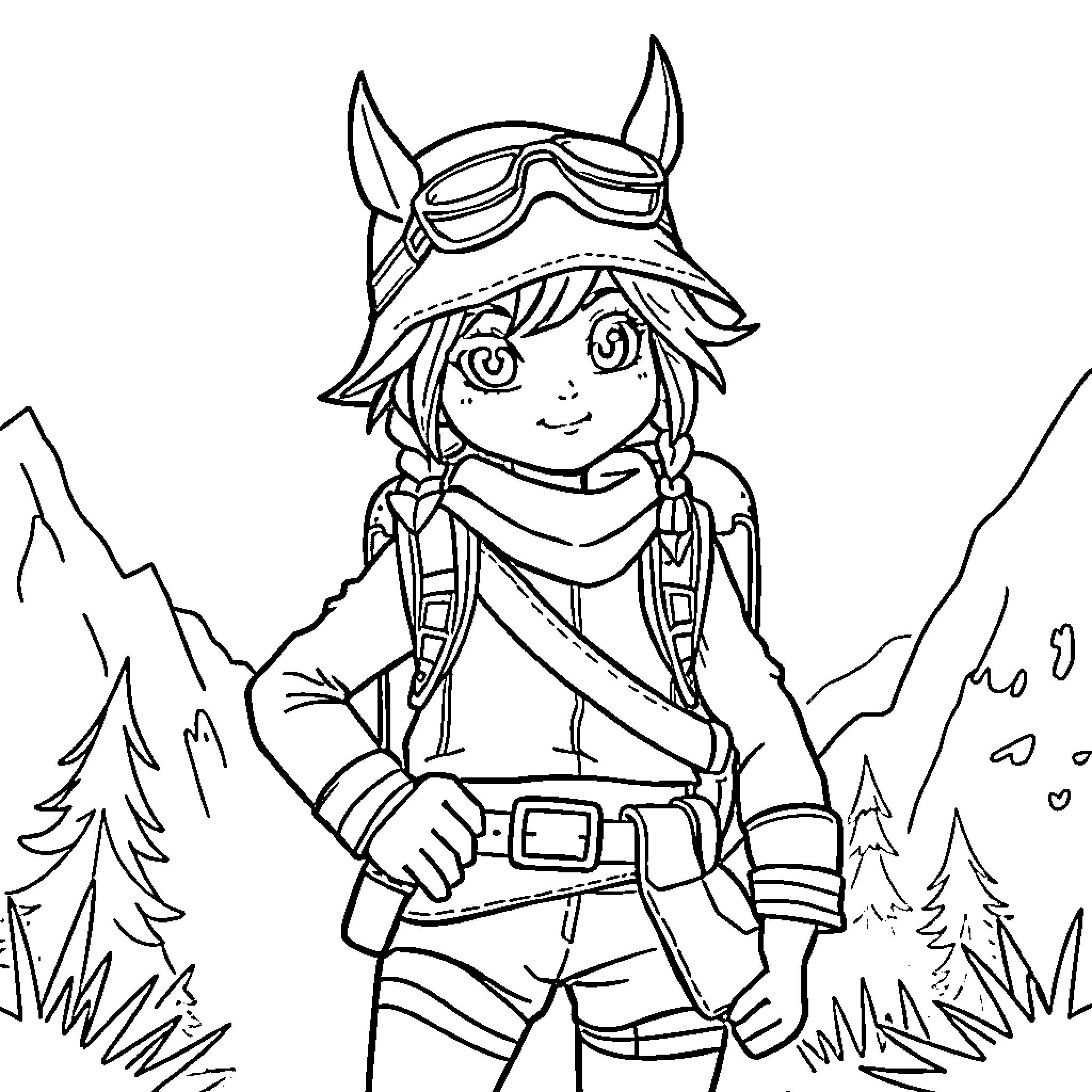 Huntrix Girl on an Adventurous Journey Coloring Page (free black-and-white line drawing printable PDF for all, from beginners to advanced learners, including children, teens, adults, and seniors)