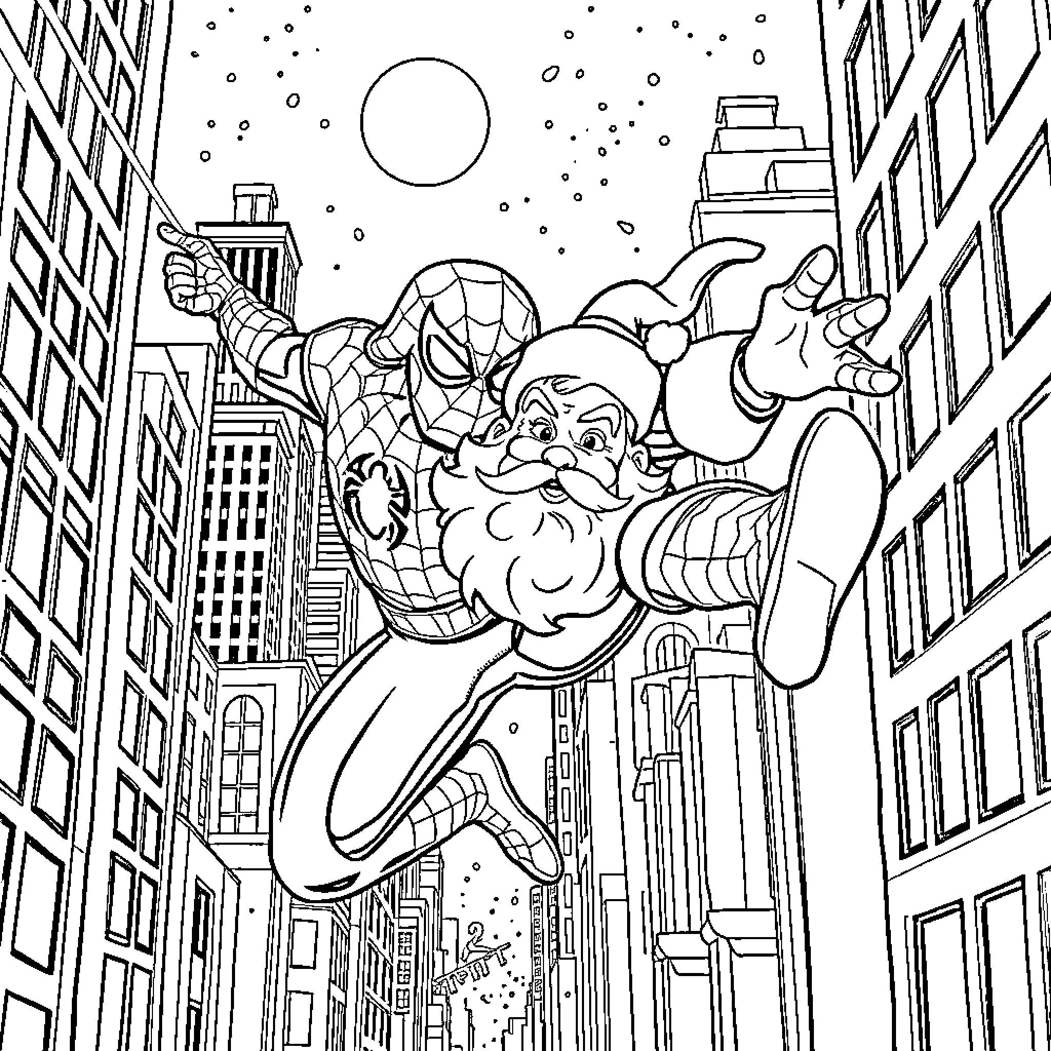Spiderman and Santa Claus Soaring Through Snowy City Coloring Page (free black-and-white line drawing printable PDF for all, from beginners to advanced learners, including children, teens, adults, and seniors)