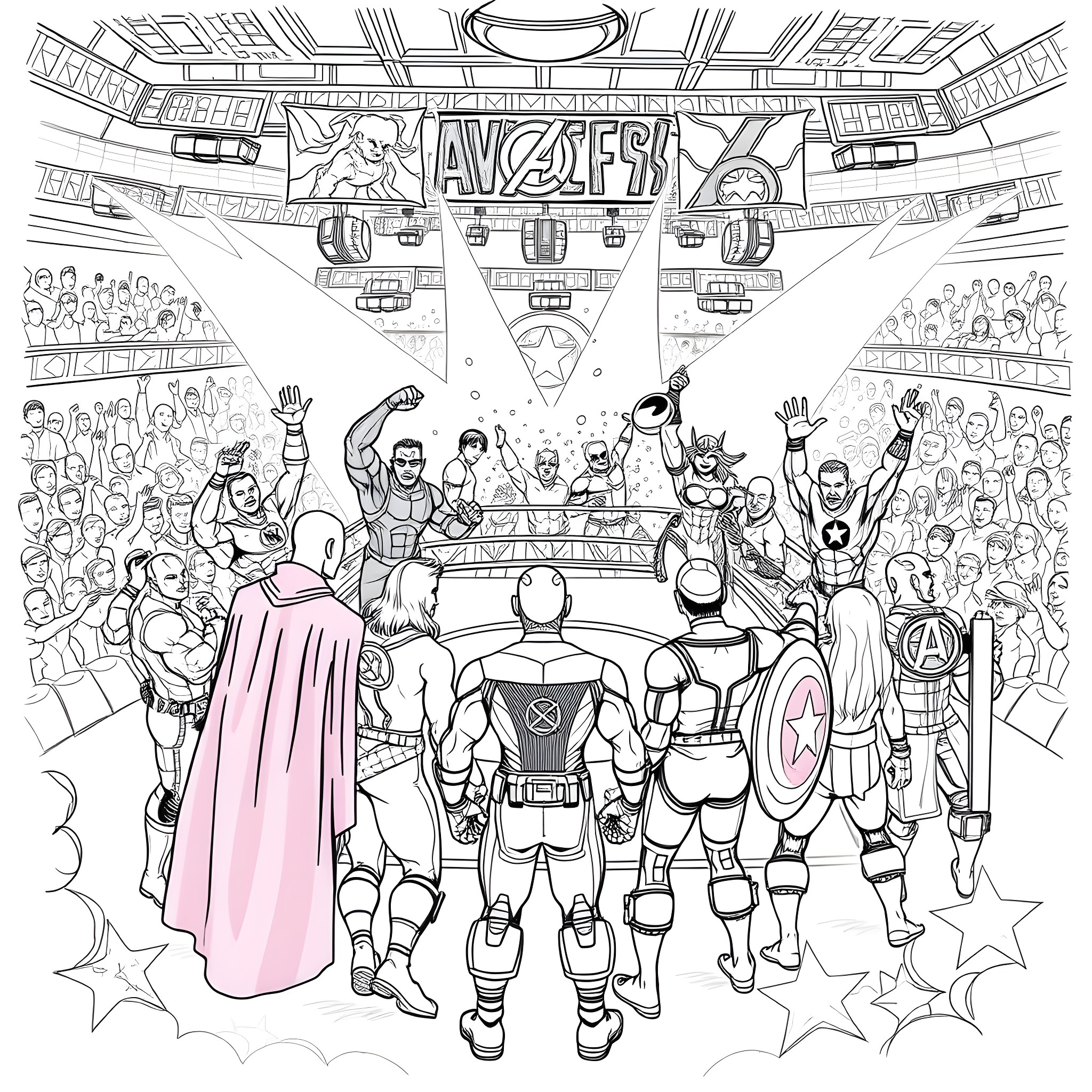 Avenger Super Heroes Assemble in Epic Arena Coloring Page (free black-and-white line drawing printable PDF for all, from beginners to advanced learners, including children, teens, adults, and seniors)