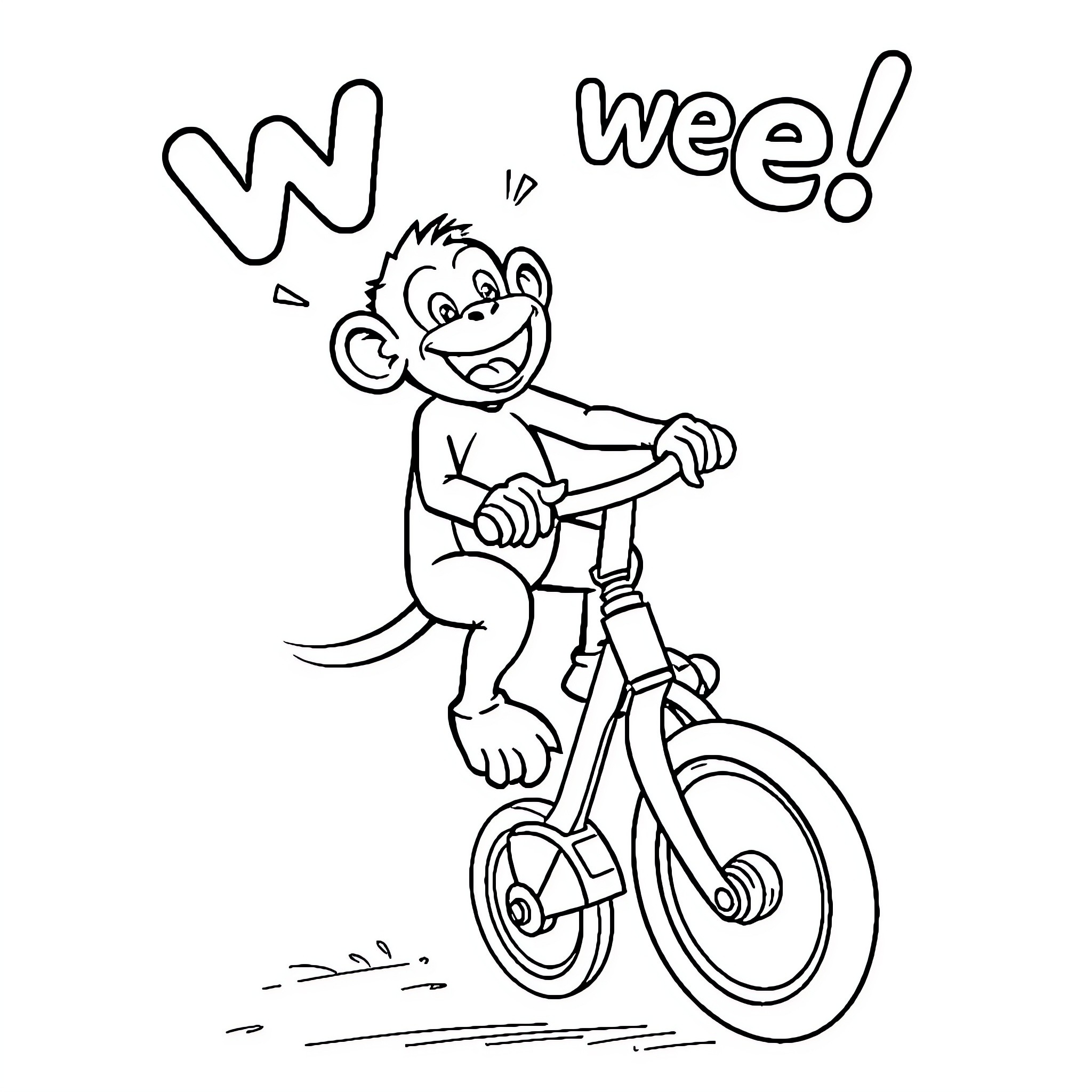 Monkey riding a bicycle with excitement Coloring Page (free black-and-white line drawing printable PDF for all, from beginners to advanced learners, including children, teens, adults, and seniors)
