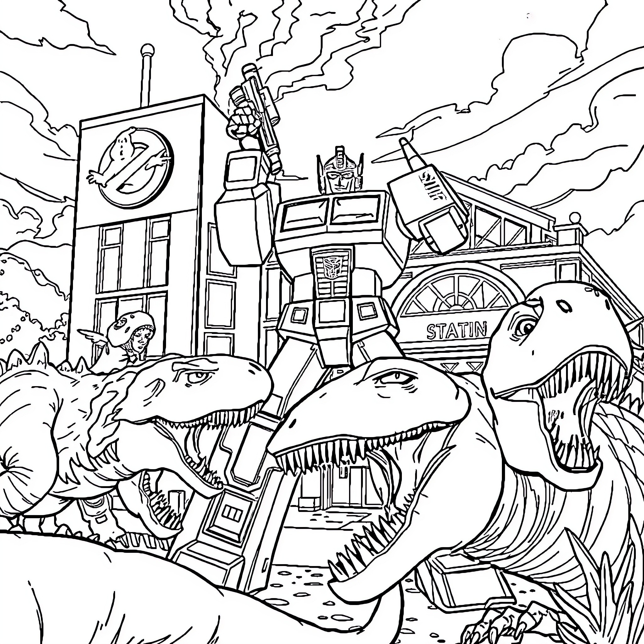Optimus Prime battles dinosaurs in a futuristic city Coloring Page (free black-and-white line drawing printable PDF for all, from beginners to advanced learners, including children, teens, adults, and seniors)