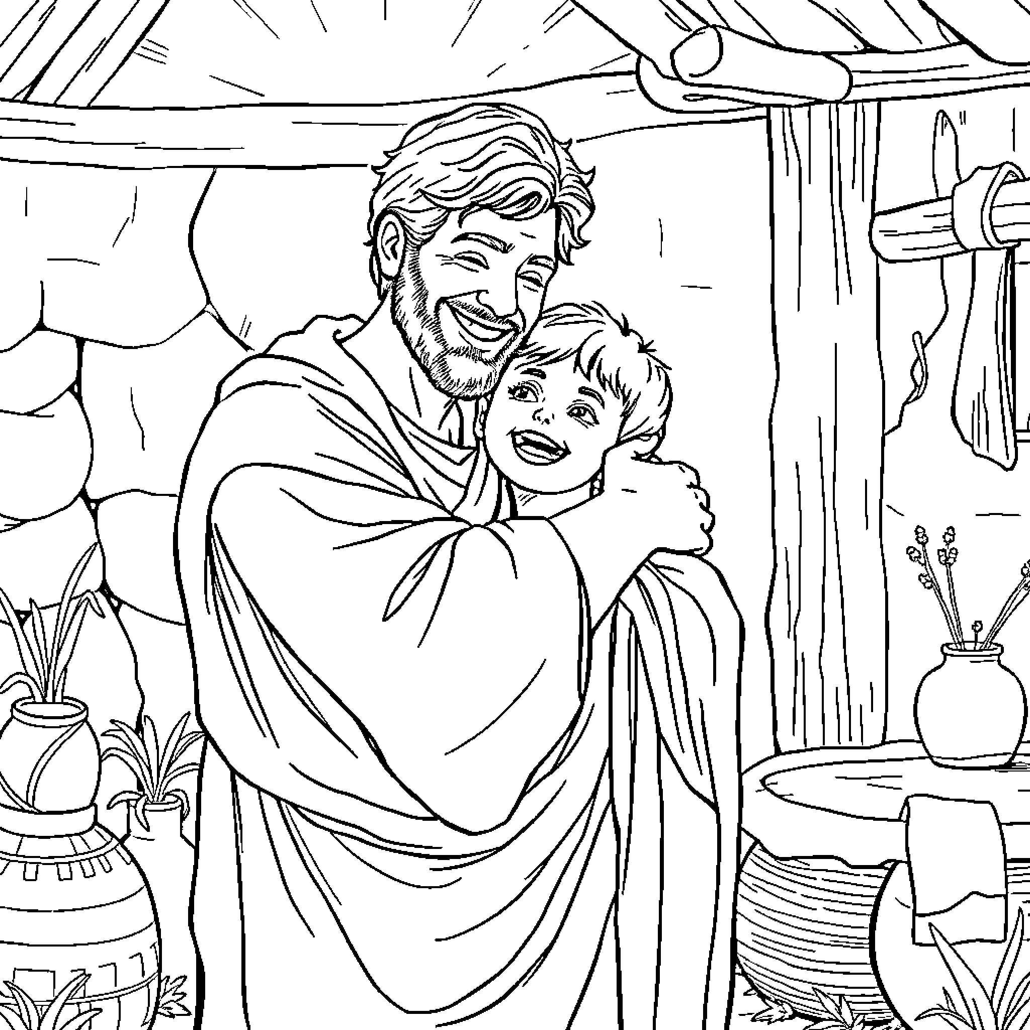Prodigal Son's Homecoming: A Heartwarming Reunion Coloring Page (free black-and-white line drawing printable PDF for all, from beginners to advanced learners, including children, teens, adults, and seniors)