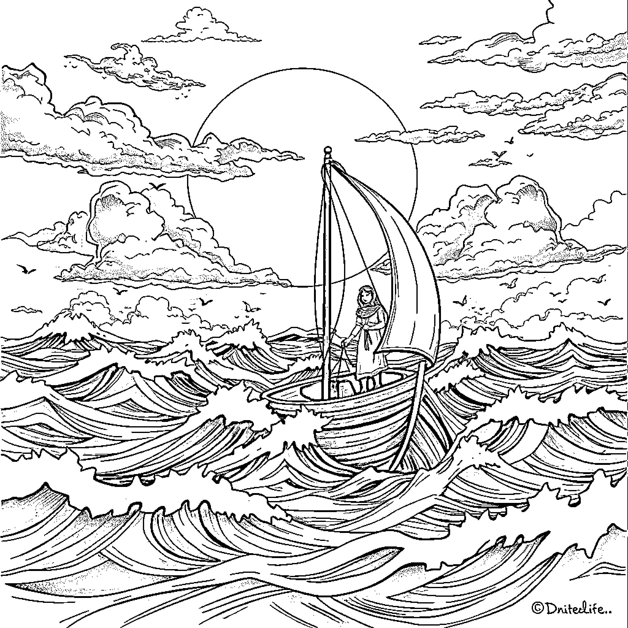 Heart of the Stormy Voyage Coloring Page (free black-and-white line drawing printable PDF for all, from beginners to advanced learners, including children, teens, adults, and seniors)