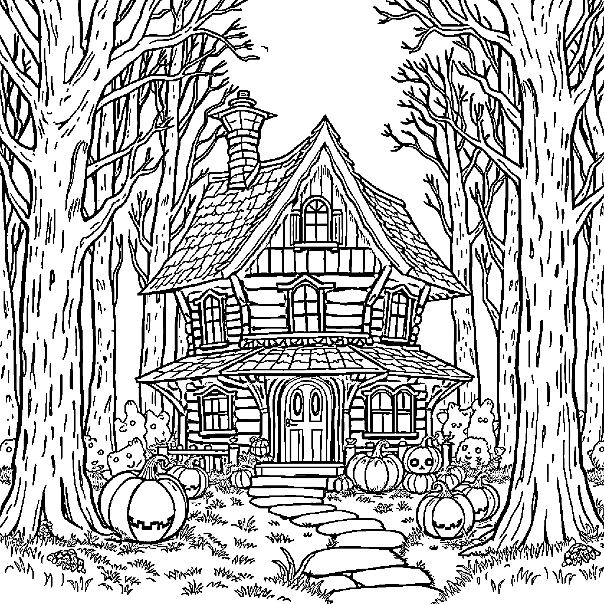 Witch House in the Enchanted Forest Coloring Page (free black-and-white line drawing printable PDF for all, from beginners to advanced learners, including children, teens, adults, and seniors)