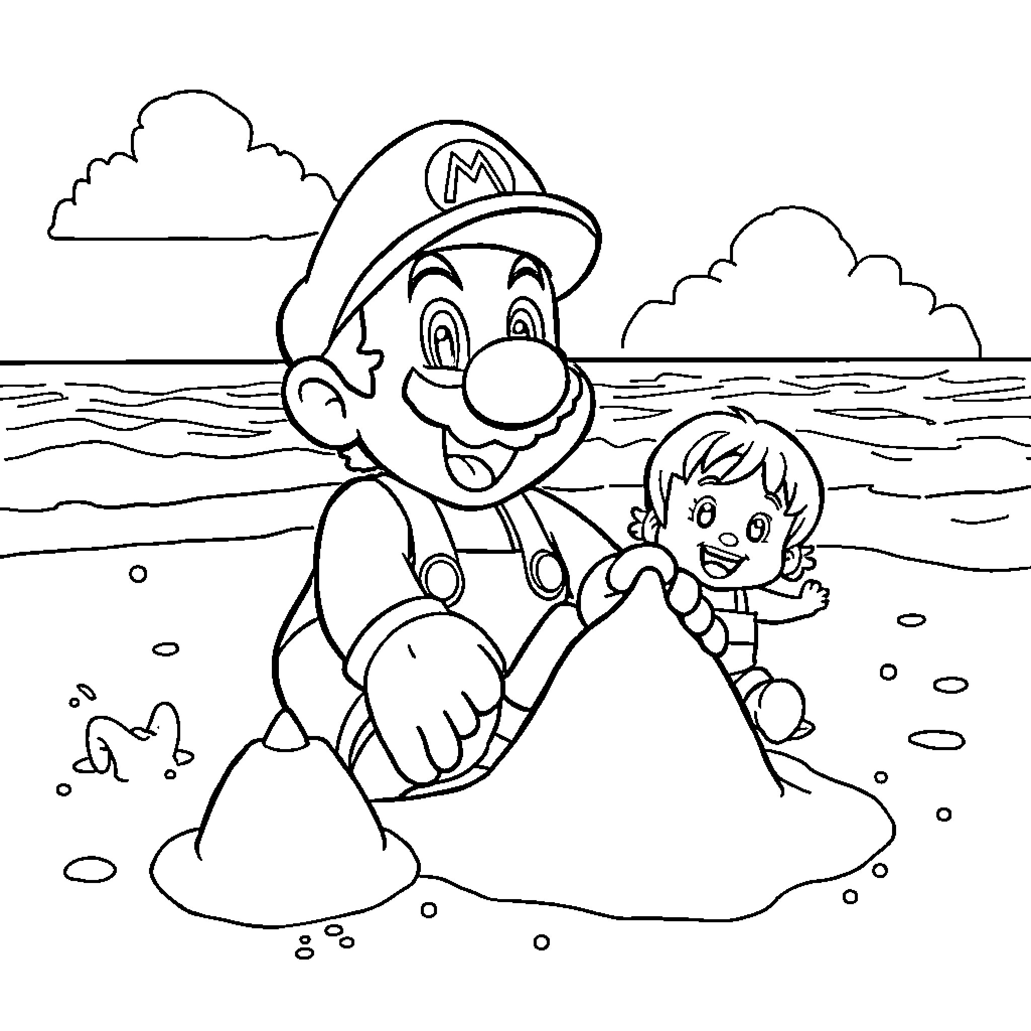 Mario playing with a child on the beach Coloring Page (free black-and-white line drawing printable PDF for all, from beginners to advanced learners, including children, teens, adults, and seniors)