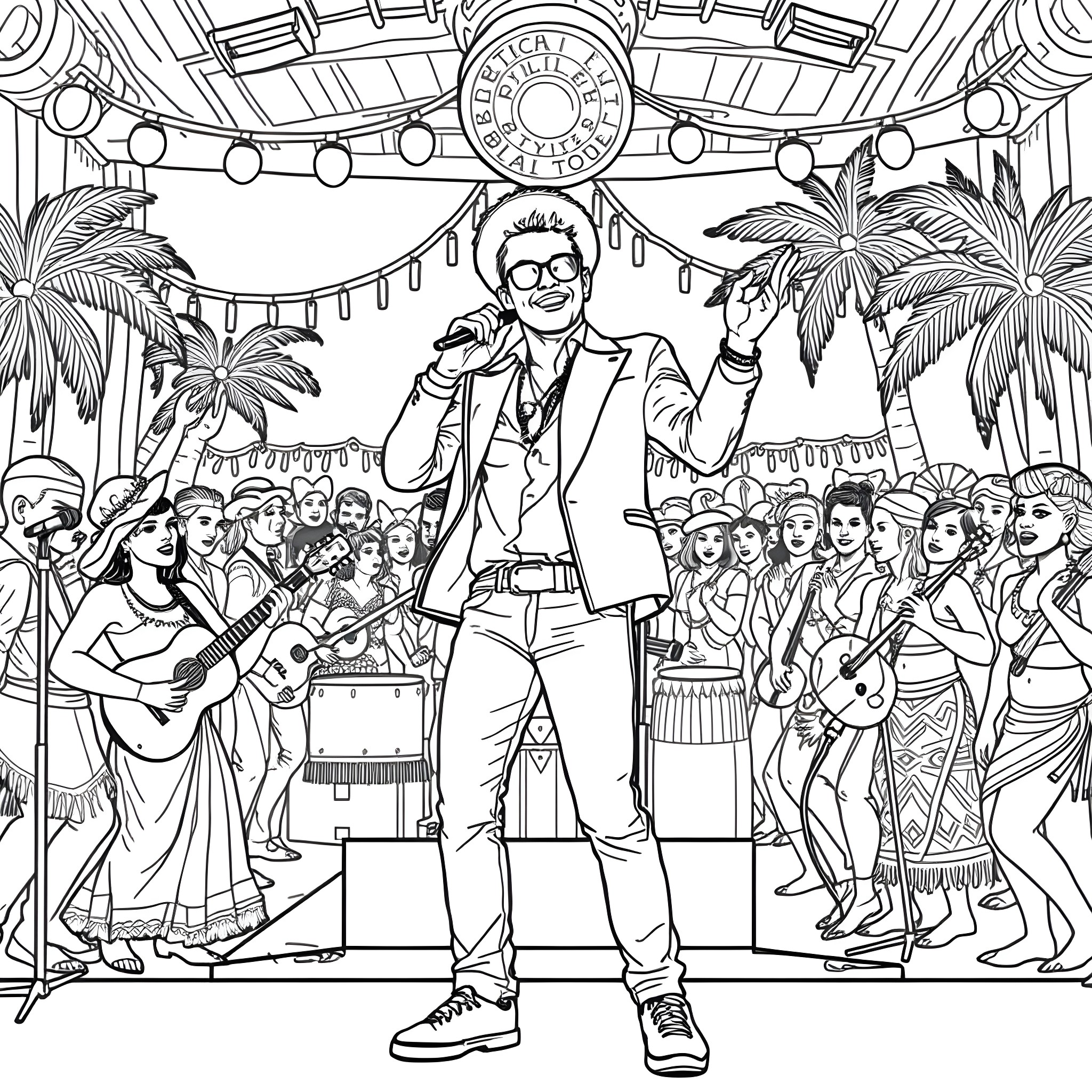 Bruno Mars Performing on Stage with Backup Dancers Coloring Page (free black-and-white line drawing printable PDF for all, from beginners to advanced learners, including children, teens, adults, and seniors)