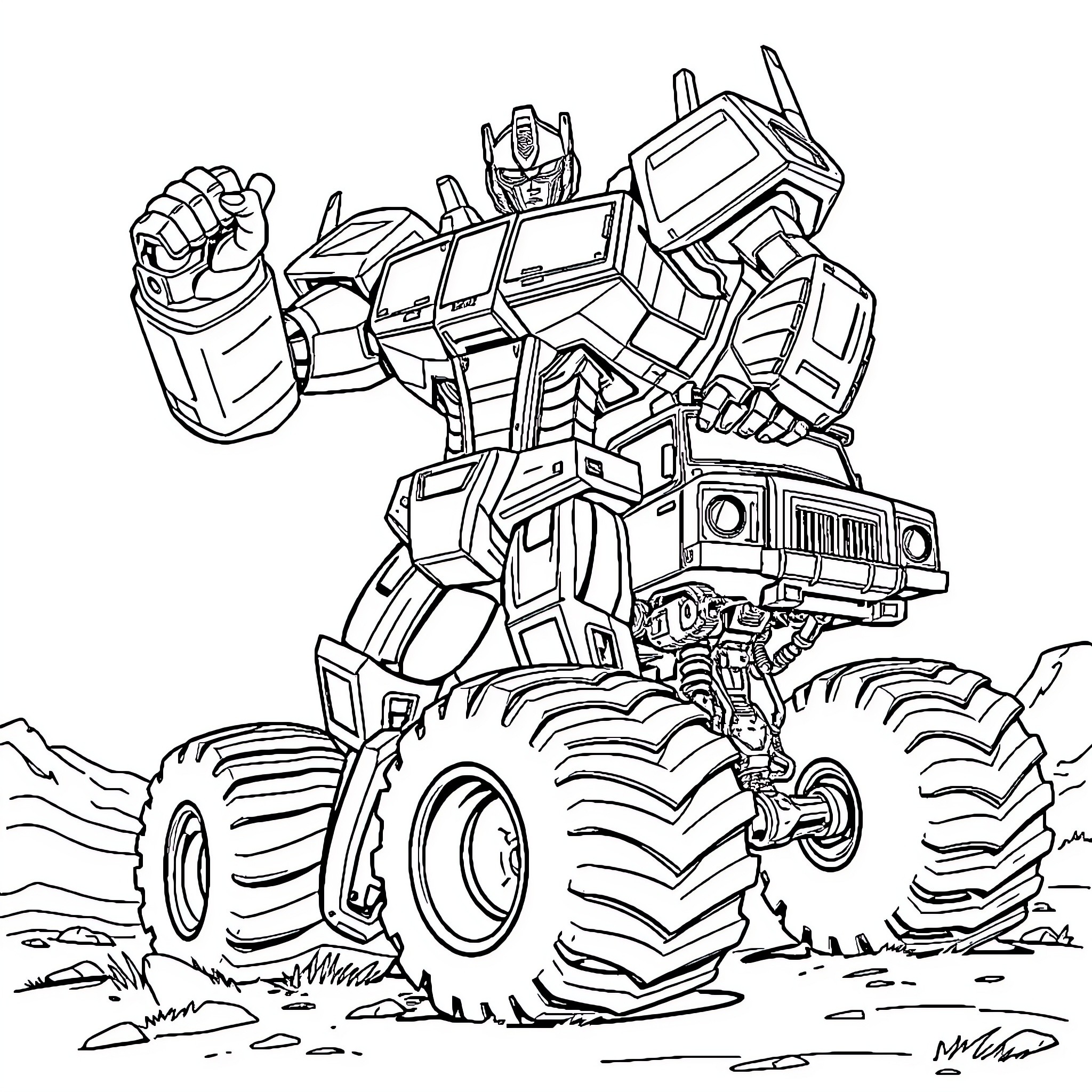 Transformer robot standing atop a monster truck Coloring Page (free black-and-white line drawing printable PDF for all, from beginners to advanced learners, including children, teens, adults, and seniors)