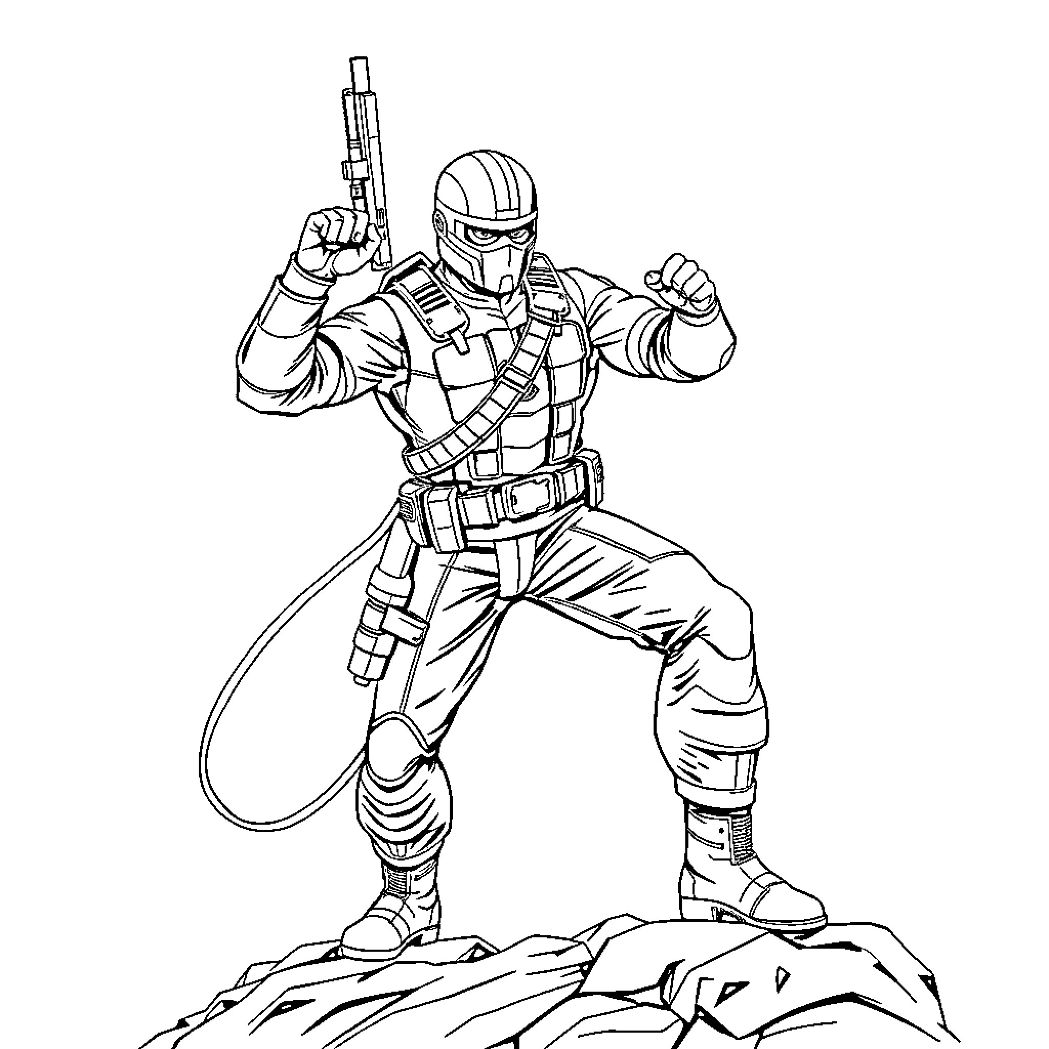 G.I. Joe in Action Pose with Weapon Coloring Page (free black-and-white line drawing printable PDF for all, from beginners to advanced learners, including children, teens, adults, and seniors)