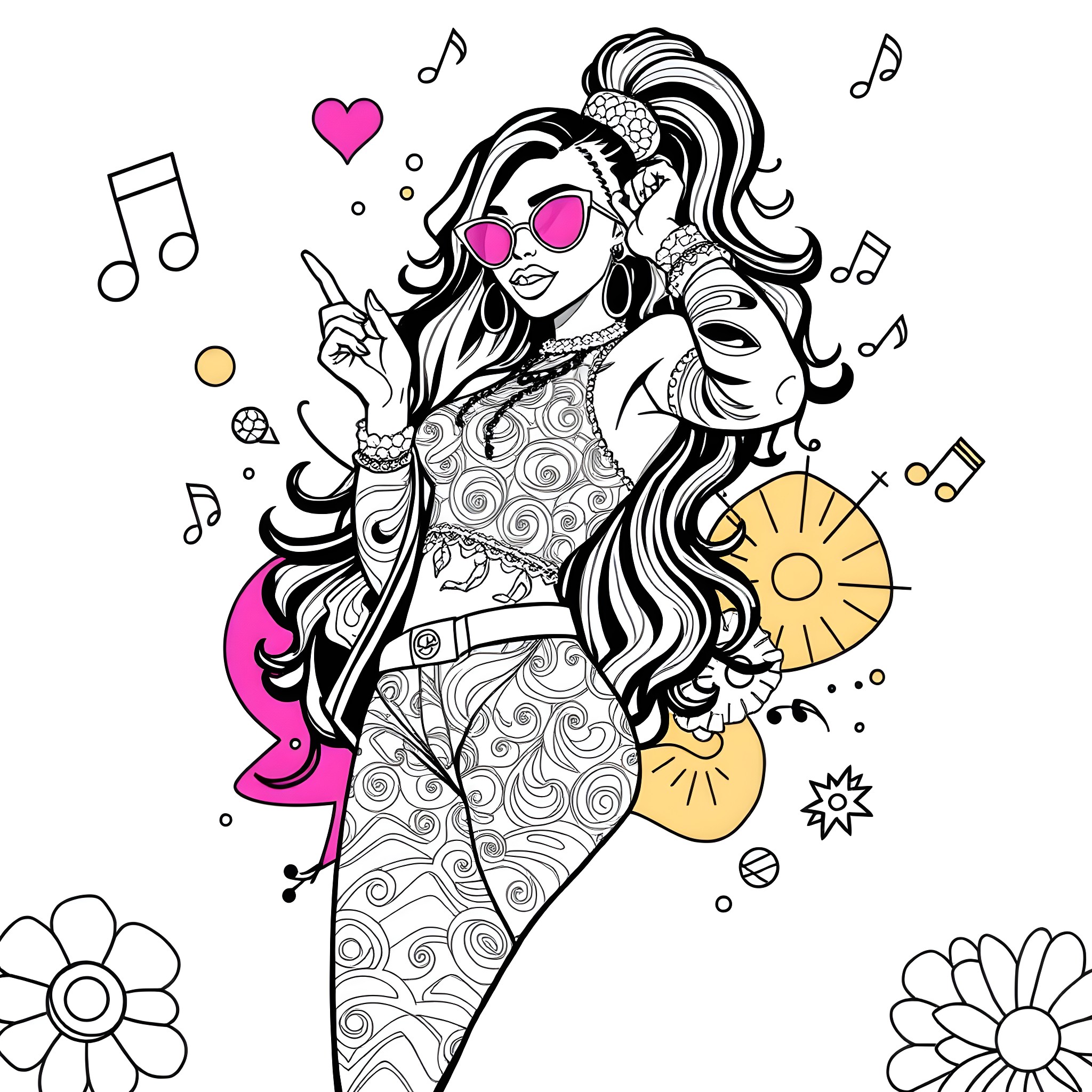 Ice Spice Bopping to the Beat in Vibrant Attire Coloring Page (free black-and-white line drawing printable PDF for all, from beginners to advanced learners, including children, teens, adults, and seniors)