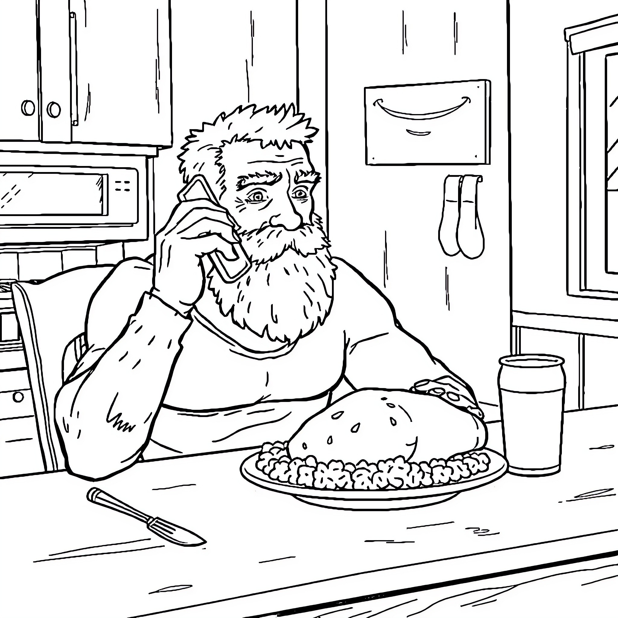 Wrestler enjoys a meal in his locker room Coloring Page (free black-and-white line drawing printable PDF for all, from beginners to advanced learners, including children, teens, adults, and seniors)