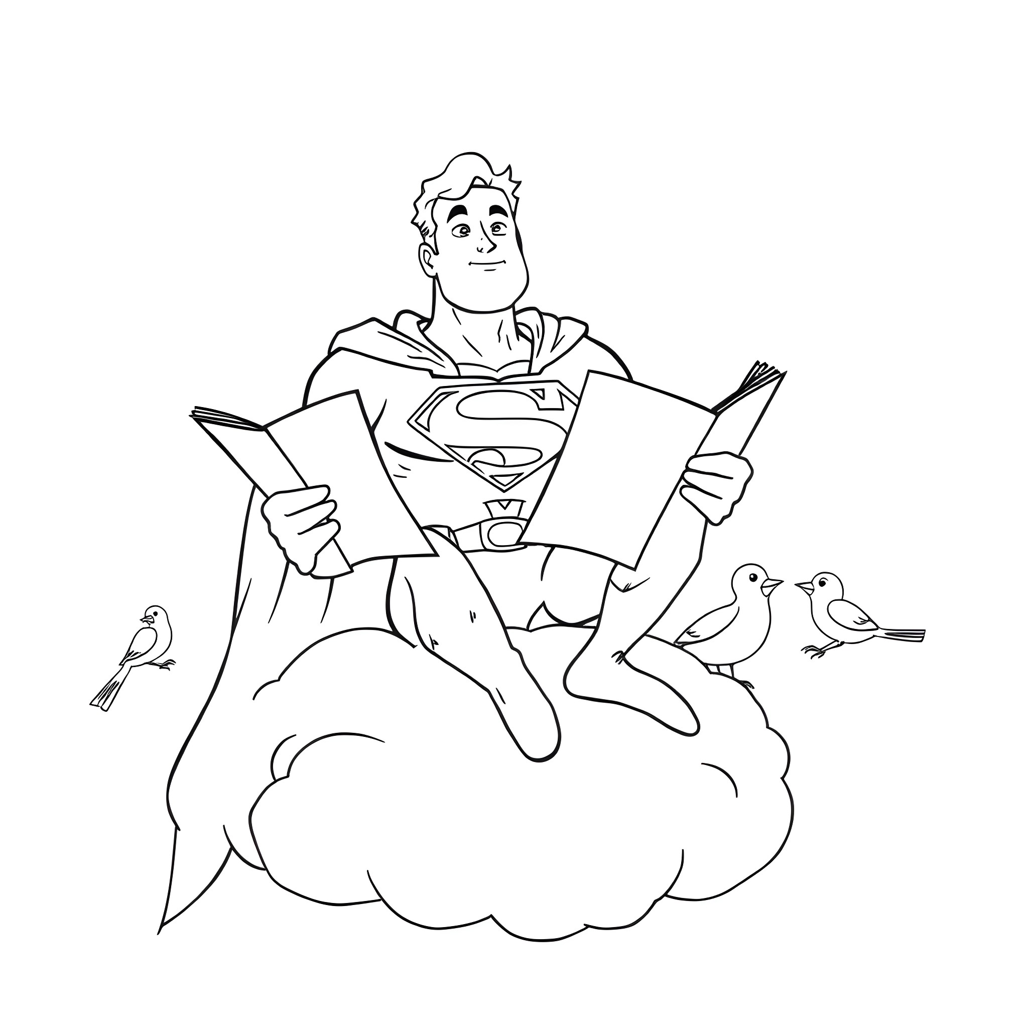 Superman reading a book on a cloud with birds Coloring Page (free black-and-white line drawing printable PDF for all, from beginners to advanced learners, including children, teens, adults, and seniors)