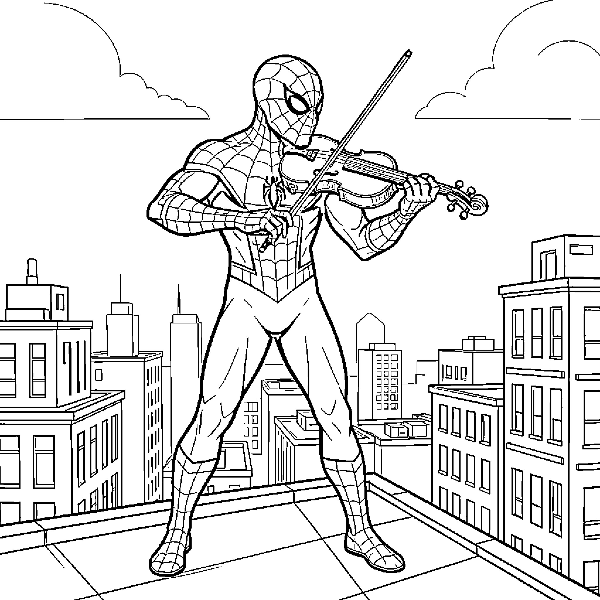 Spiderman playing the violin on a city rooftop Coloring Page (free black-and-white line drawing printable PDF for all, from beginners to advanced learners, including children, teens, adults, and seniors)