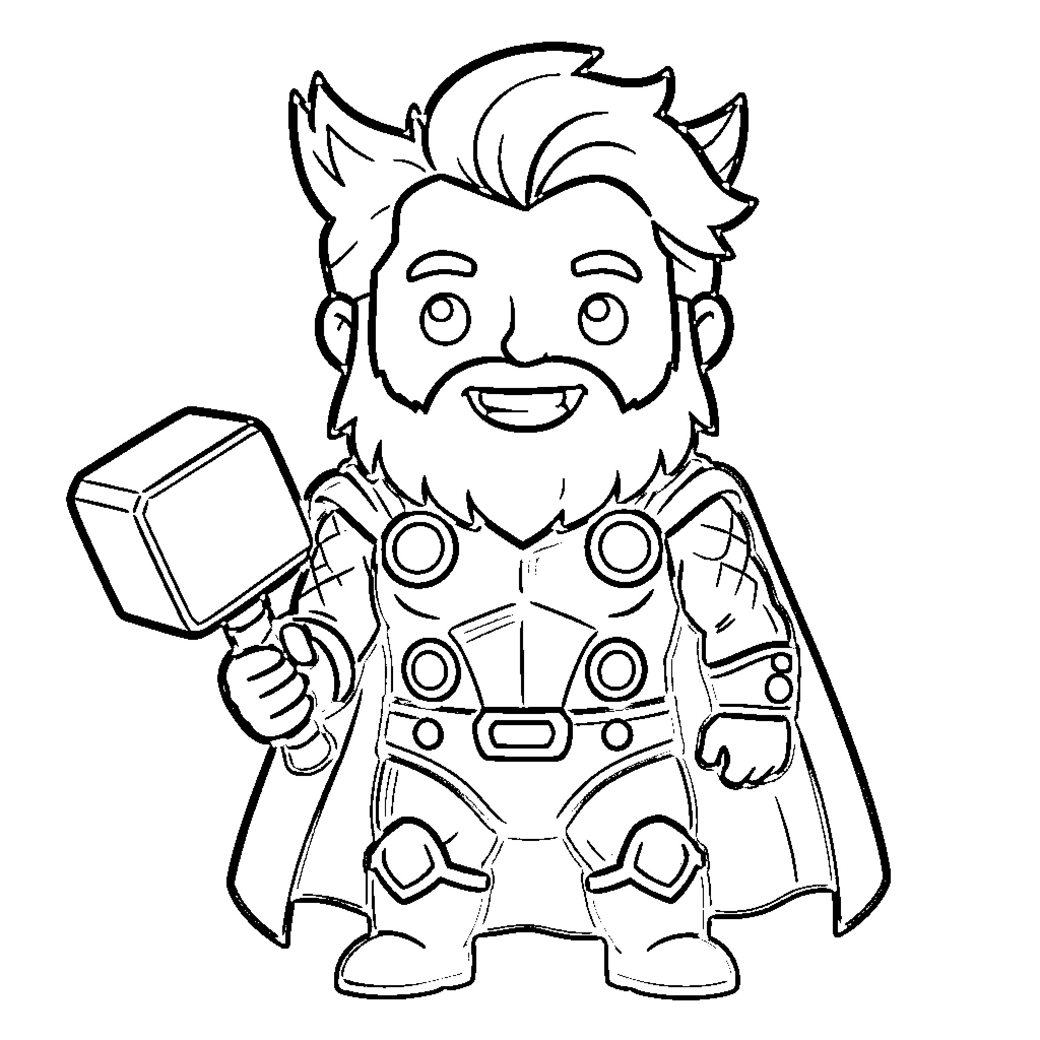 Thor wielding his mighty hammer Coloring Page (free black-and-white line drawing printable PDF for all, from beginners to advanced learners, including children, teens, adults, and seniors)