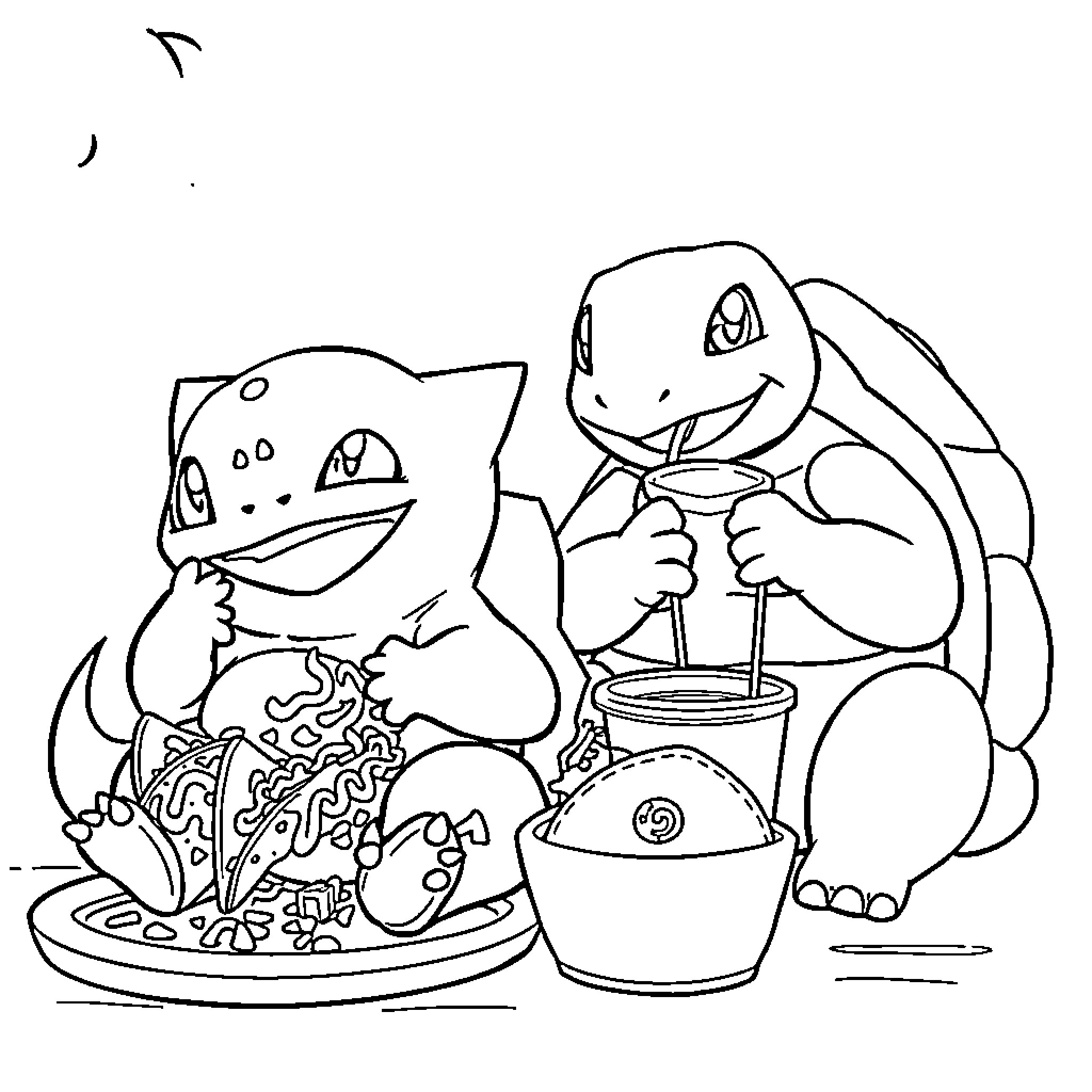 Bulbasaur enjoying a meal with a friend Coloring Page (free black-and-white line drawing printable PDF for all, from beginners to advanced learners, including children, teens, adults, and seniors)