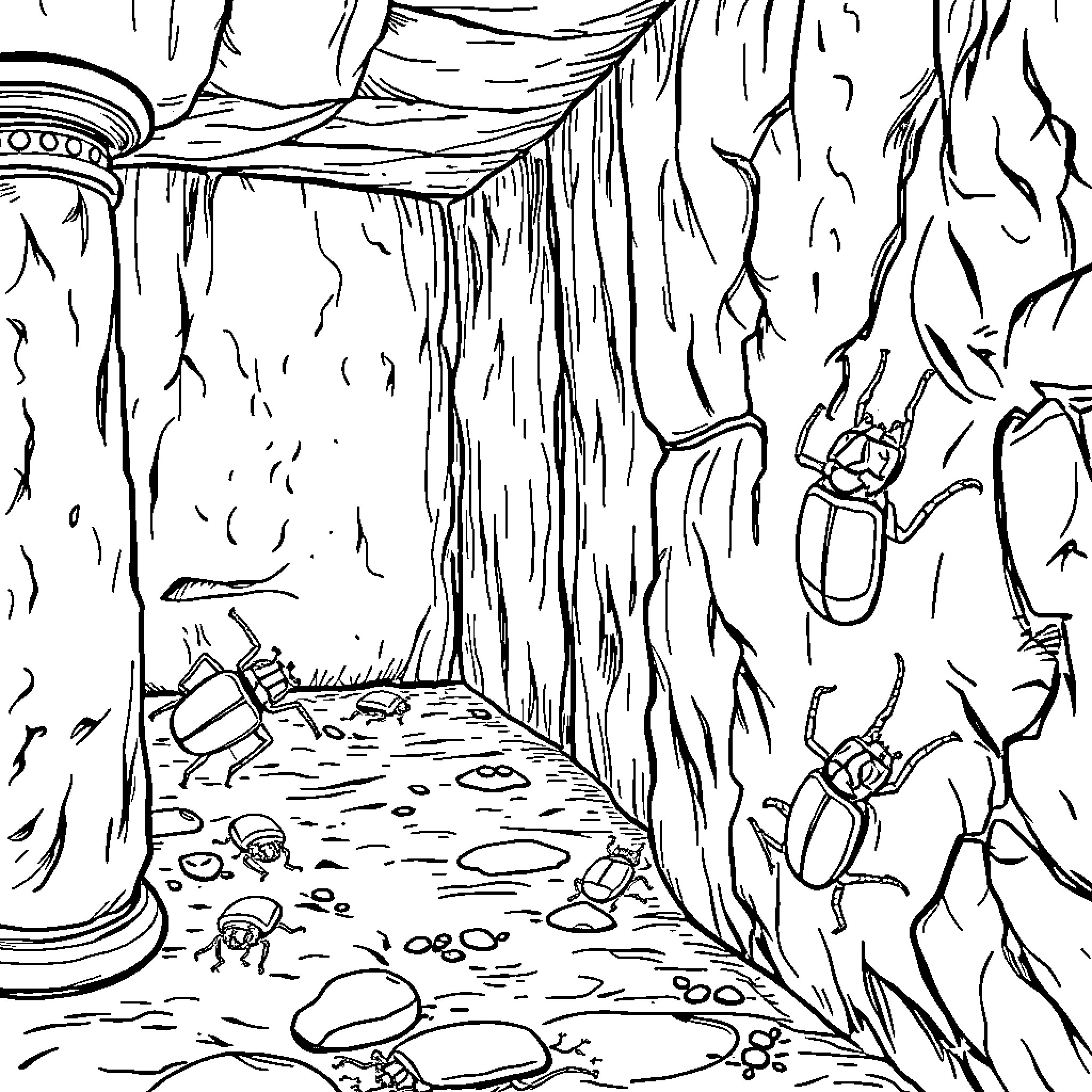Scarab Beetles exploring a dark, mysterious cavern Coloring Page (free black-and-white line drawing printable PDF for all, from beginners to advanced learners, including children, teens, adults, and seniors)