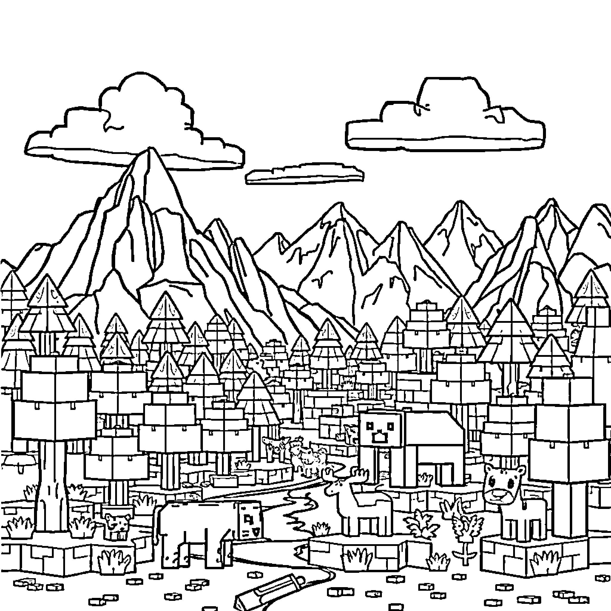 Minecraft Landscape with Mountainous Terrain and Buildings Coloring Page (free black-and-white line drawing printable PDF for all, from beginners to advanced learners, including children, teens, adults, and seniors)