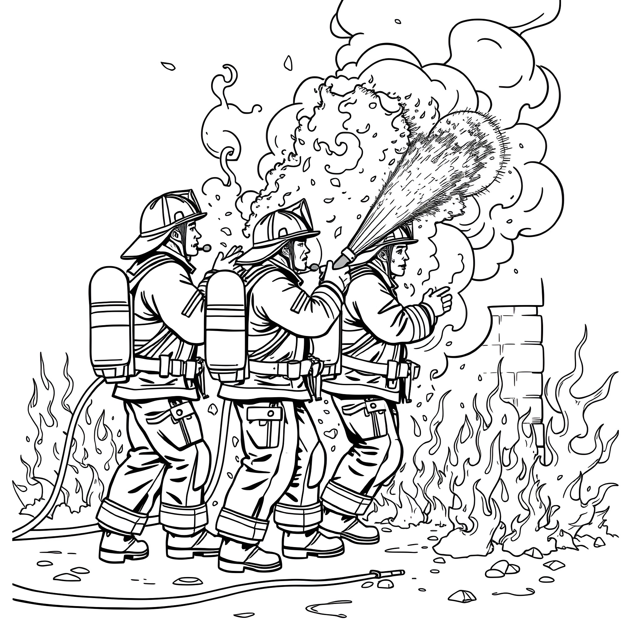 Firefighters bravely battling a blaze Coloring Page (free black-and-white line drawing printable PDF for all, from beginners to advanced learners, including children, teens, adults, and seniors)