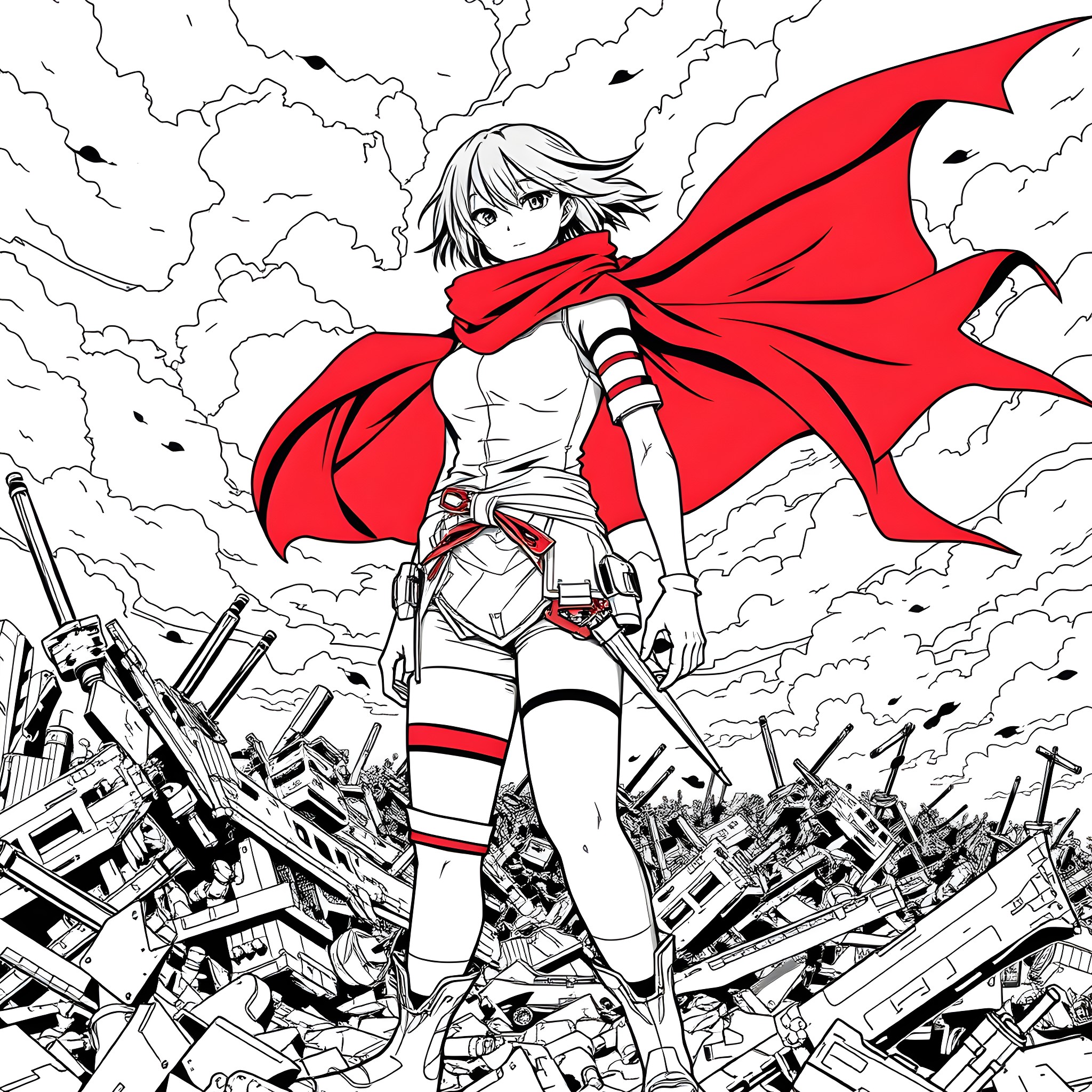 Mikasa taking action in the midst of destruction Coloring Page (free black-and-white line drawing printable PDF for all, from beginners to advanced learners, including children, teens, adults, and seniors)