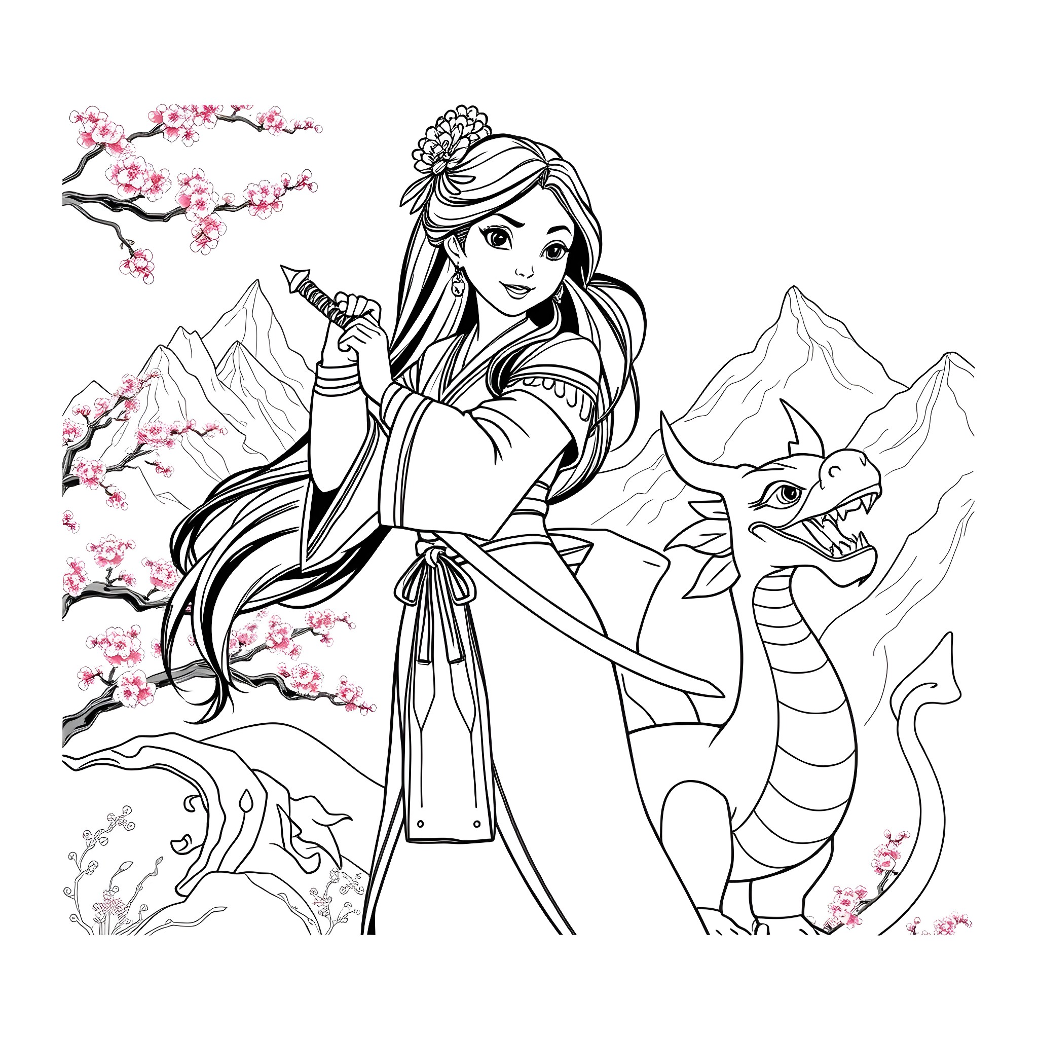 Mulan riding a dragon in a scenic mountain landscape Coloring Page (free black-and-white line drawing printable PDF for all, from beginners to advanced learners, including children, teens, adults, and seniors)