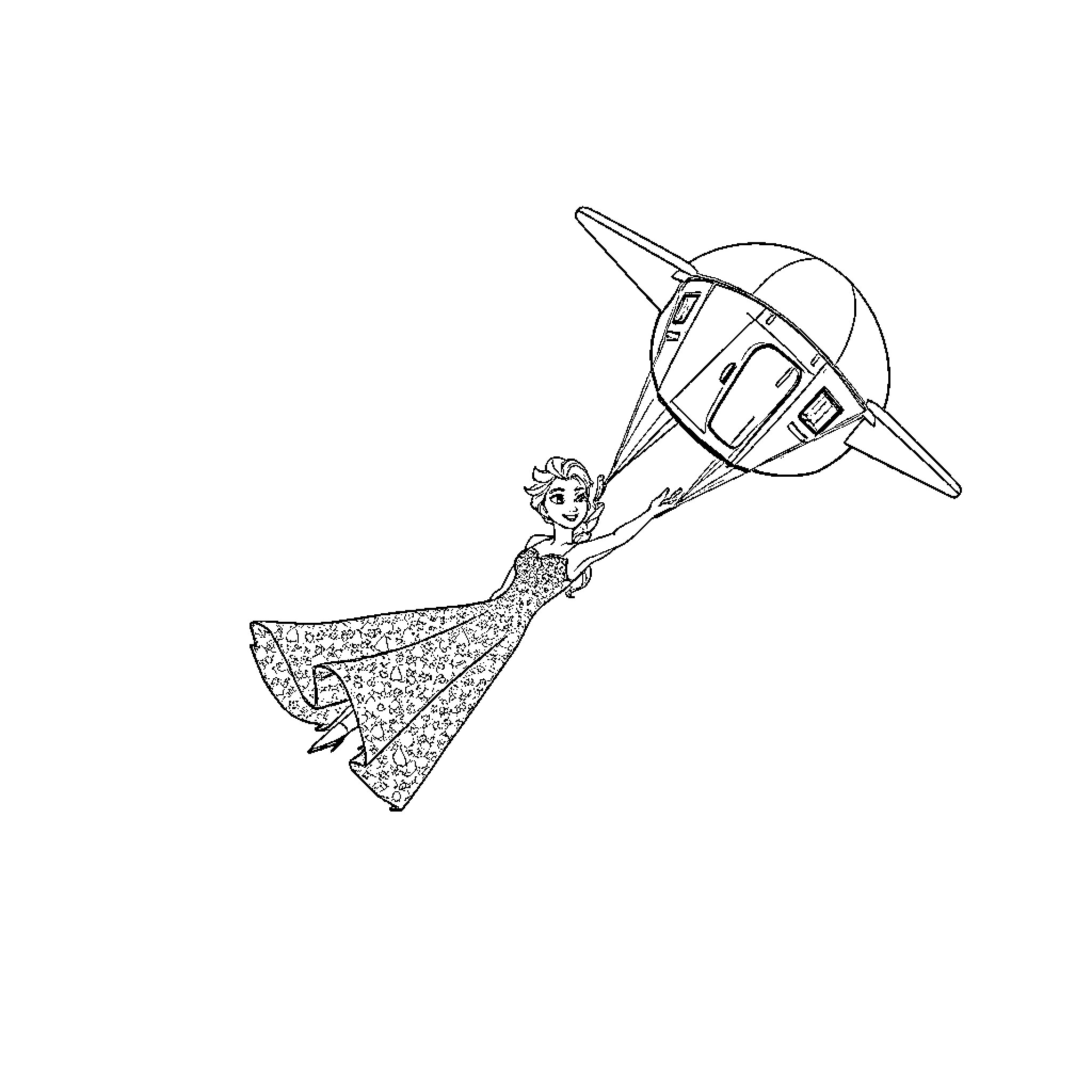 Elsa's Magical Airship Adventure Coloring Page (free black-and-white line drawing printable PDF for all, from beginners to advanced learners, including children, teens, adults, and seniors)