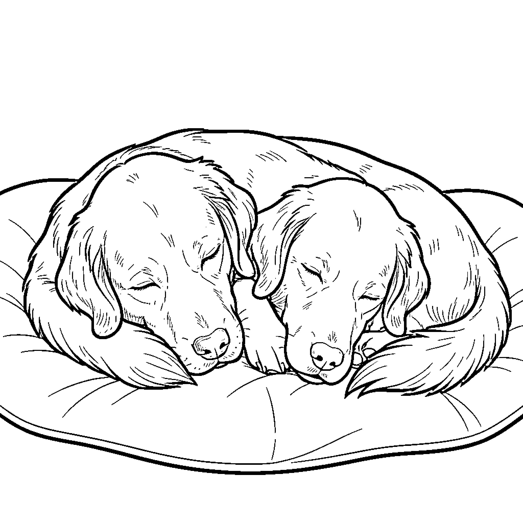 Golden Retriever pair sleeping peacefully on a cushion Coloring Page (free black-and-white line drawing printable PDF for all, from beginners to advanced learners, including children, teens, adults, and seniors)