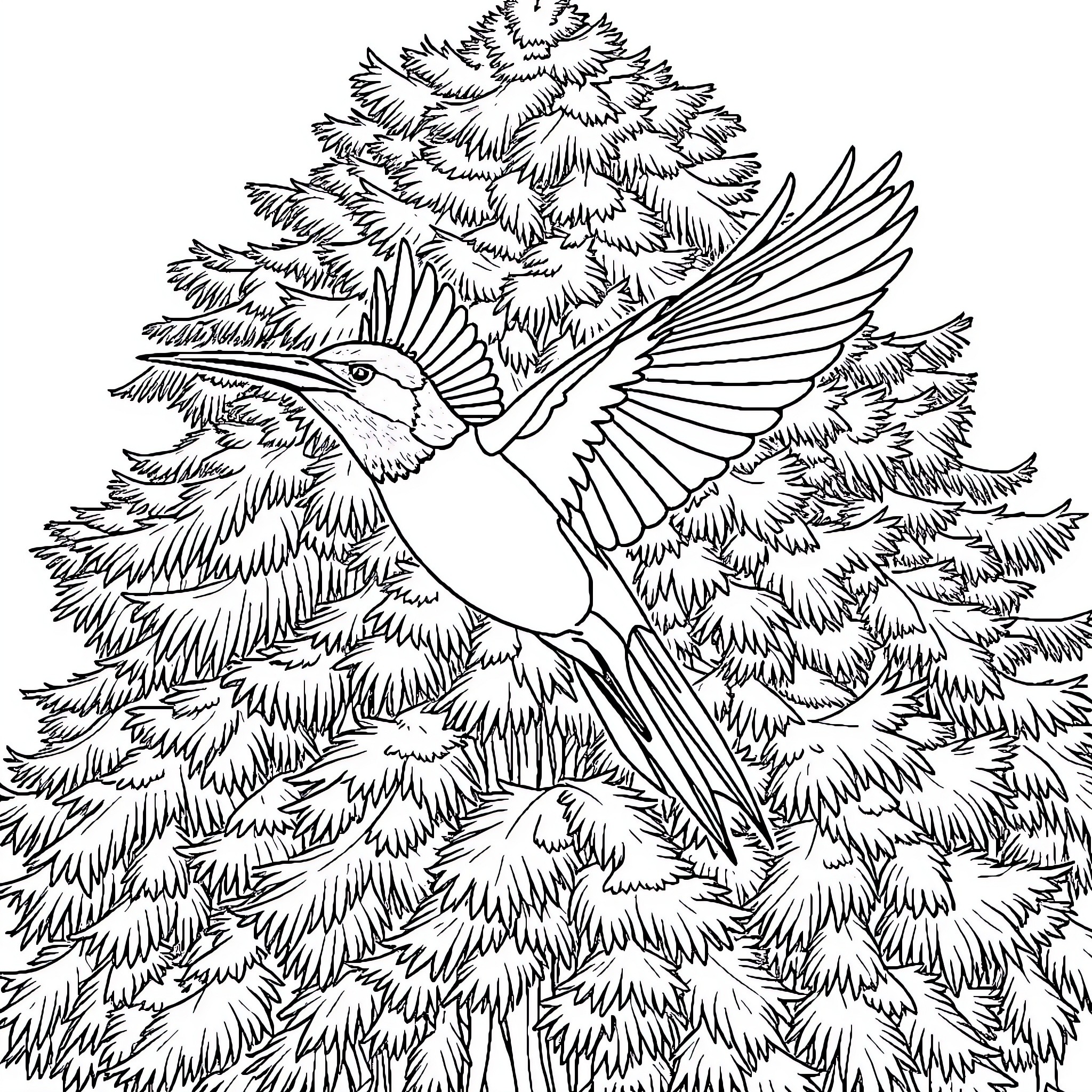 Bird gracefully gliding through the pine trees Coloring Page (free black-and-white line drawing printable PDF for all, from beginners to advanced learners, including children, teens, adults, and seniors)