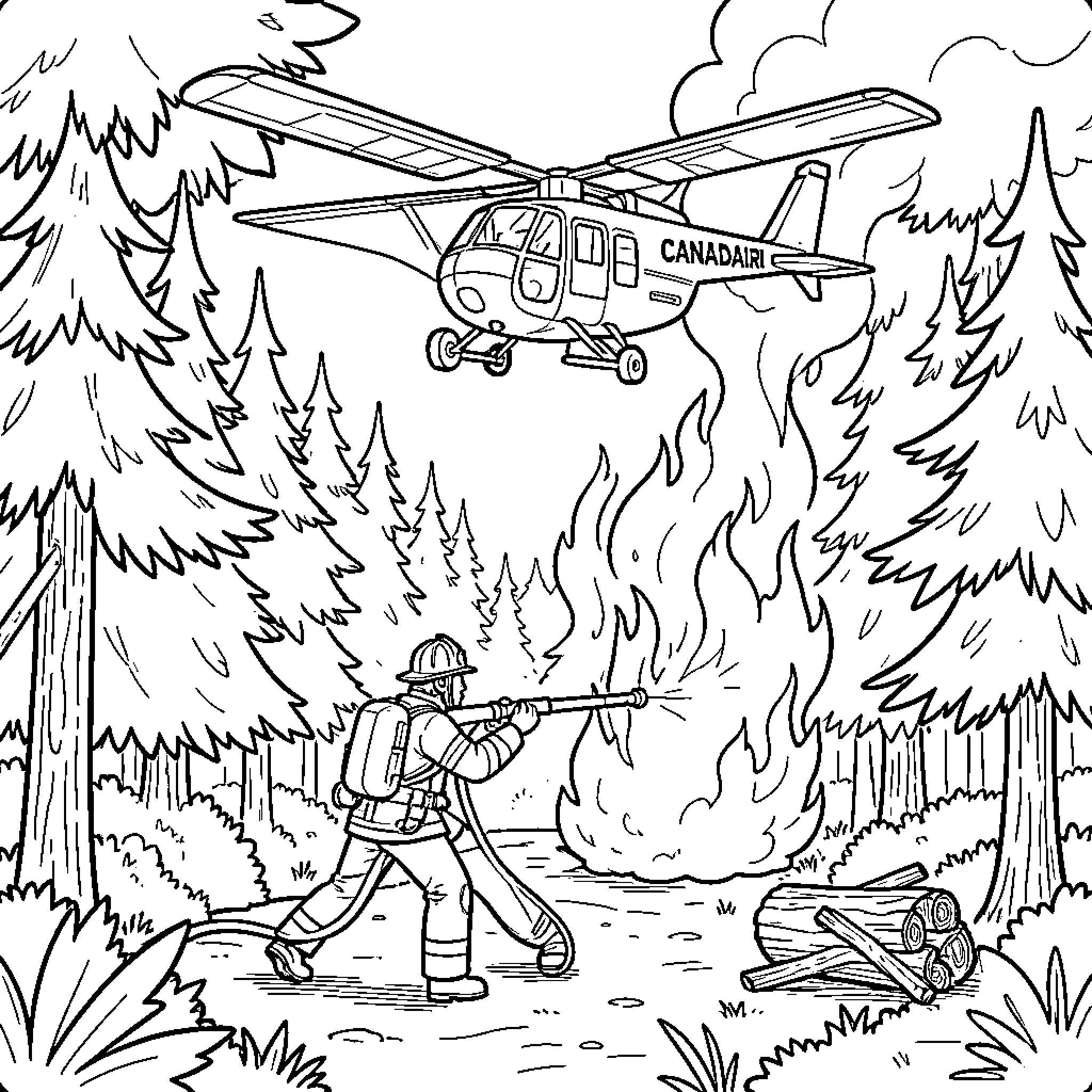 Pompier fighting a forest fire with a hose Coloring Page (free black-and-white line drawing printable PDF for all, from beginners to advanced learners, including children, teens, adults, and seniors)