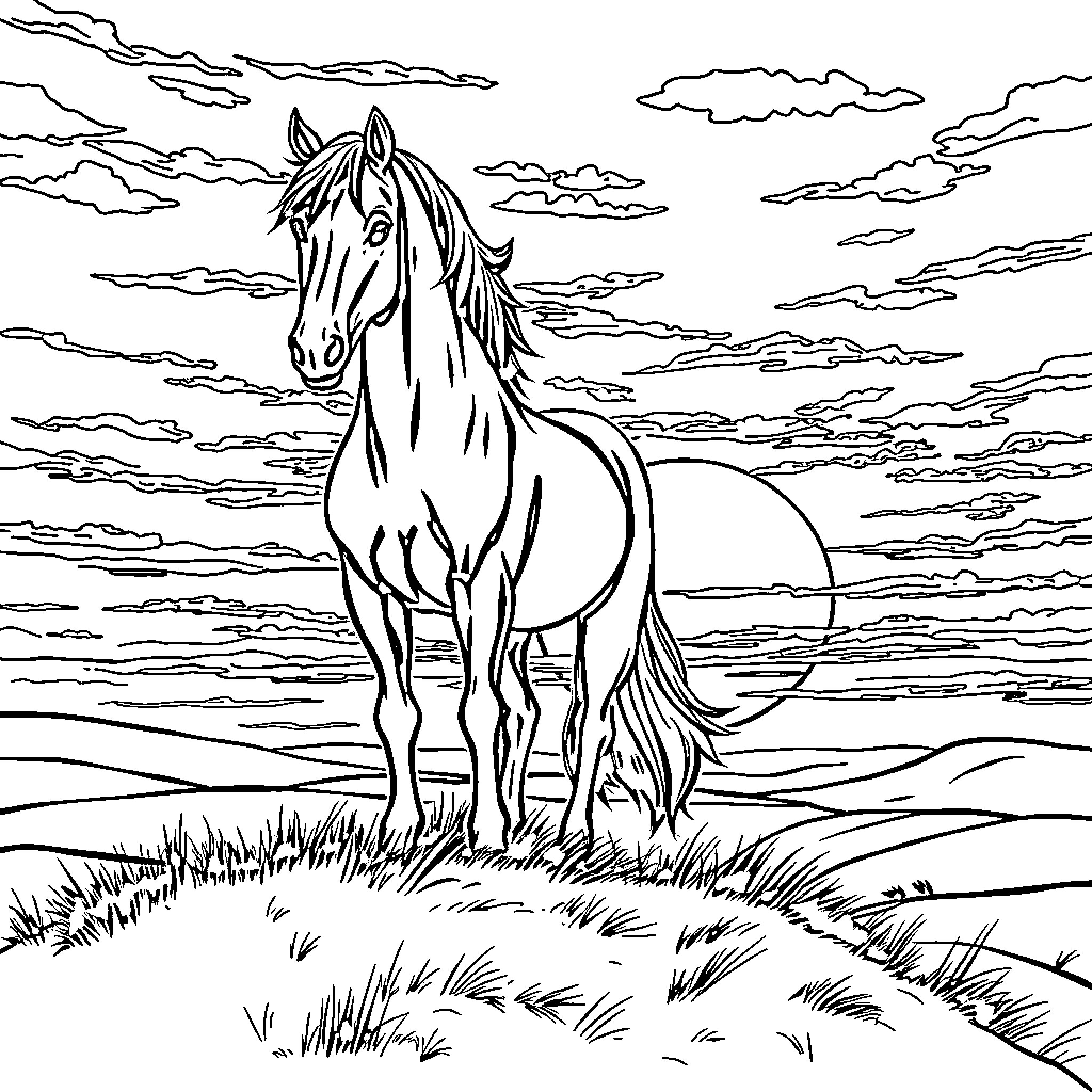 Horse standing proud in scenic landscape Coloring Page (free black-and-white line drawing printable PDF for all, from beginners to advanced learners, including children, teens, adults, and seniors)
