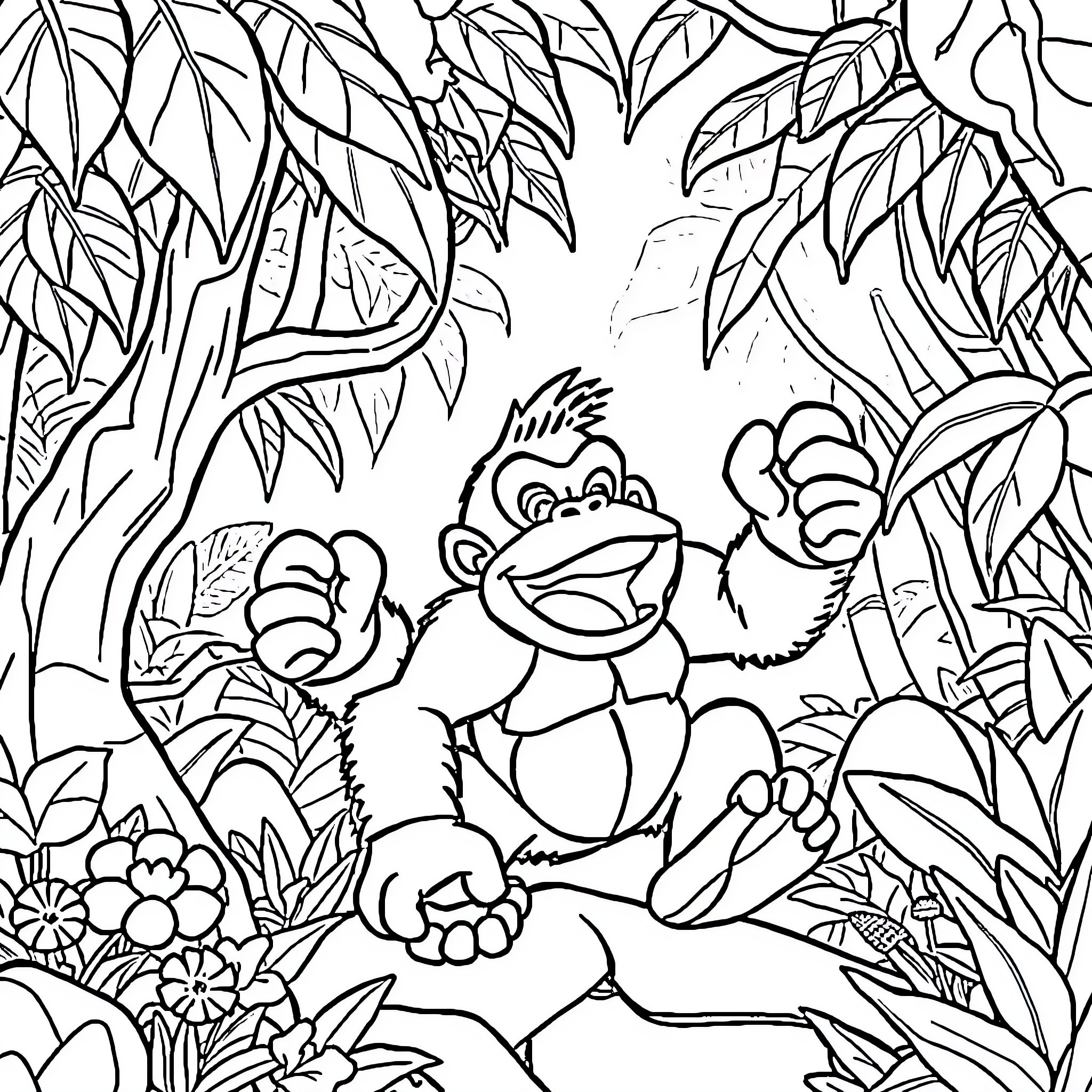 Donkey Kong having fun in the jungle Coloring Page (free black-and-white line drawing printable PDF for all, from beginners to advanced learners, including children, teens, adults, and seniors)