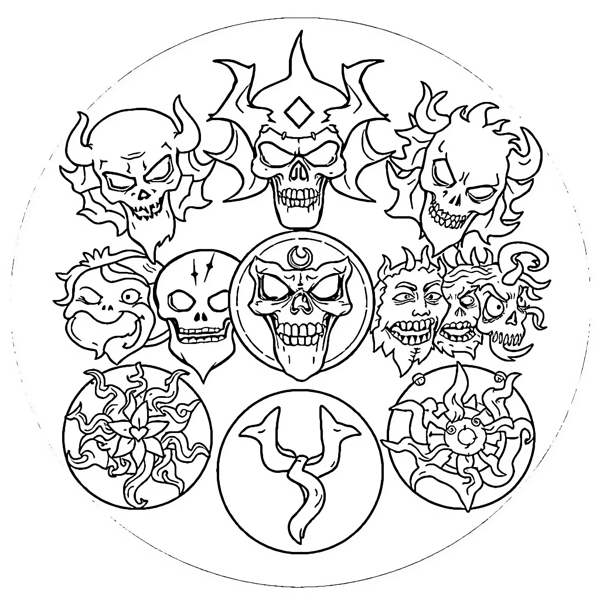 Deadly Sin: Demonic Symbols and Skulls Coloring Page (free black-and-white line drawing printable PDF for all, from beginners to advanced learners, including children, teens, adults, and seniors)