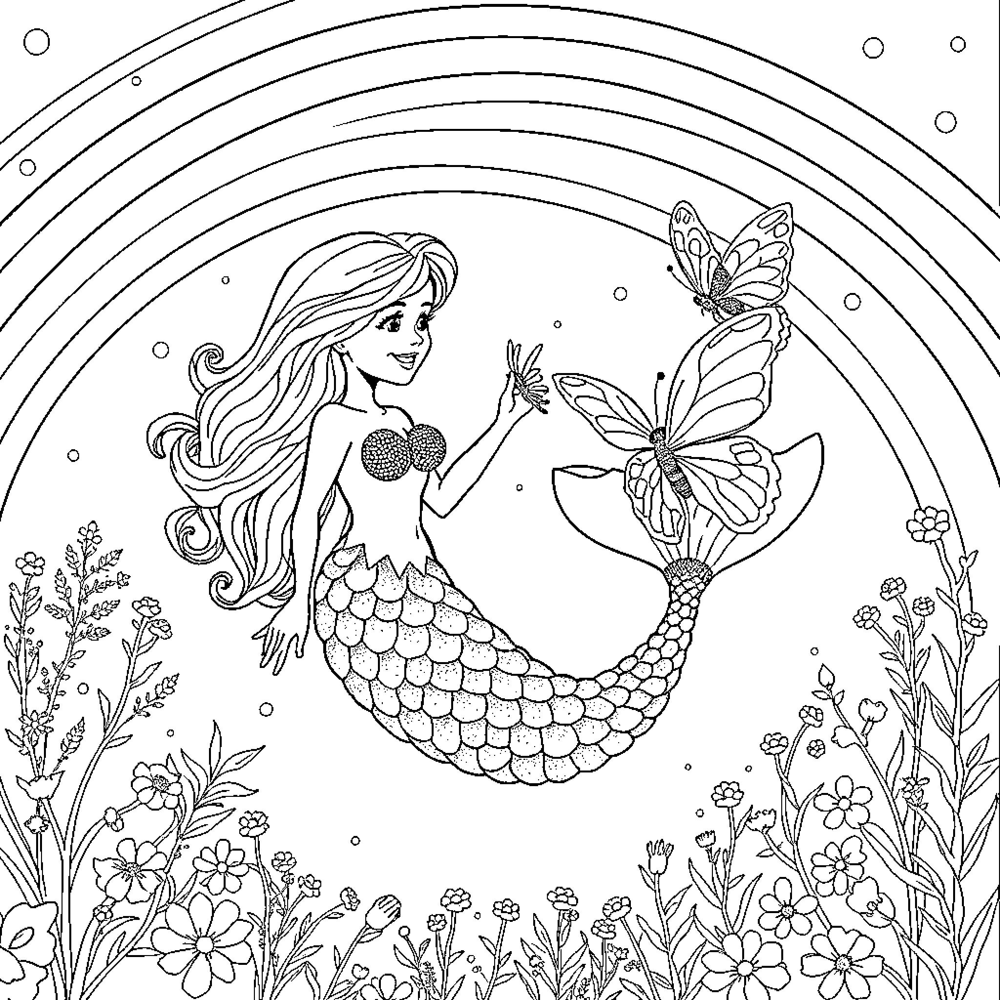 Mermaid enchants butterflies in underwater garden Coloring Page (free black-and-white line drawing printable PDF for all, from beginners to advanced learners, including children, teens, adults, and seniors)